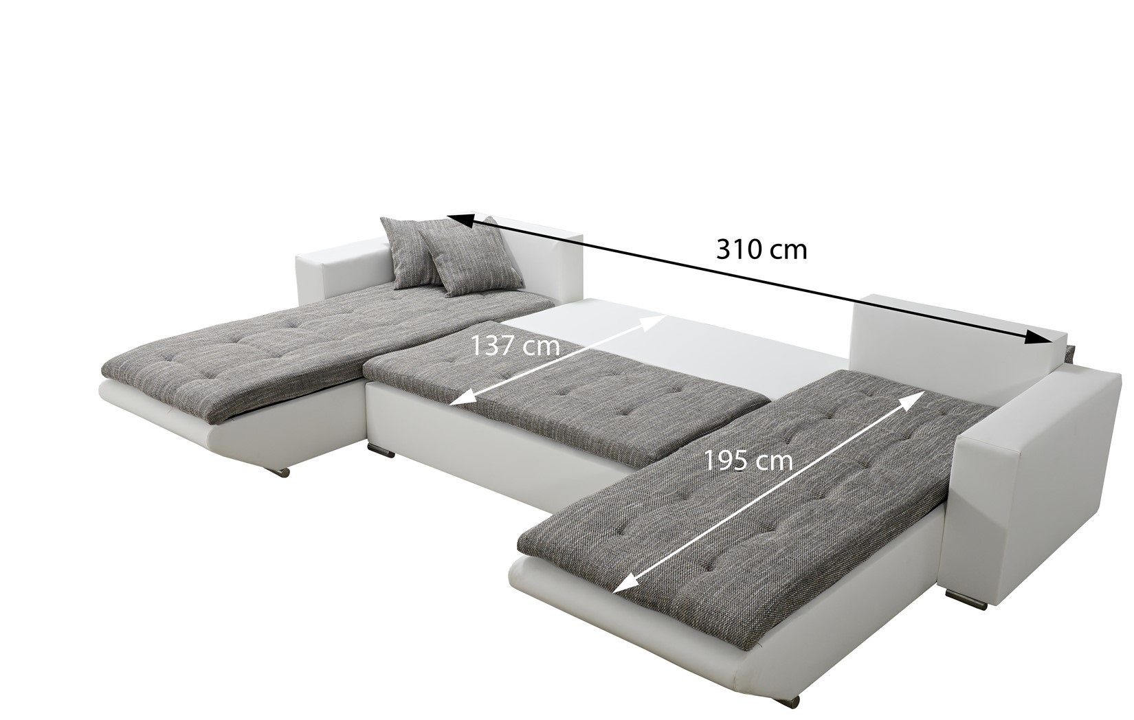 und Sofa inkl. Wohnlandschaft Fun NINO Zierkissen Möbel Wohnlandschaft mit Mit Bettkasten Schlaffunktion, Weiß-Schwarz Rückenkissen, XL