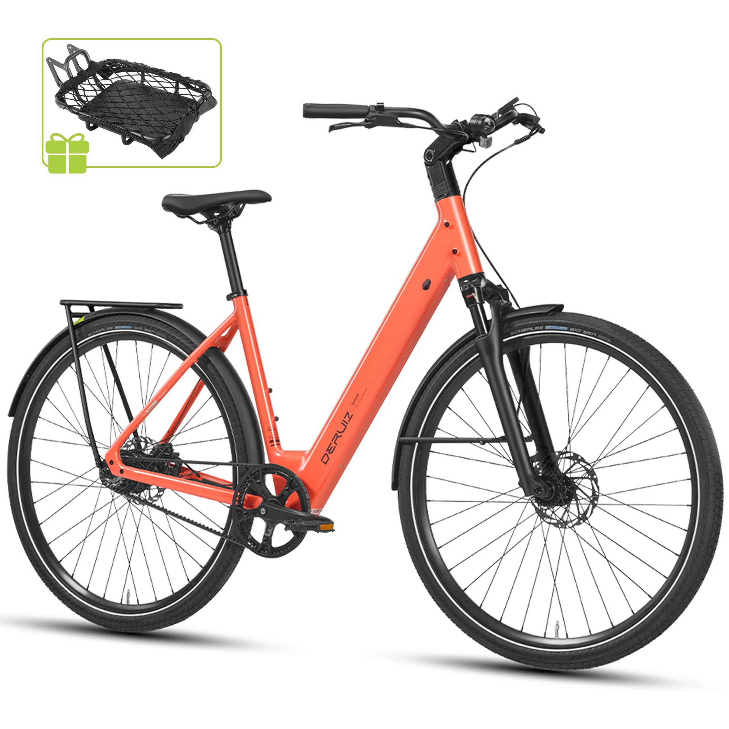 DERUIZ E-Bike Cityrad 28 Zoll, Kettenantrieb/Riemenantrieb, Bluetooth und APP, max. 110km, Heckmotor, 360 Wh, (Traglast ca. 140kg, nur ca. 20kg, Elektrofahrrad für Damen und Herren), Kadenz- und Drehmomentsensor, Routenaufzeichnung, Tiefeinsteiger
