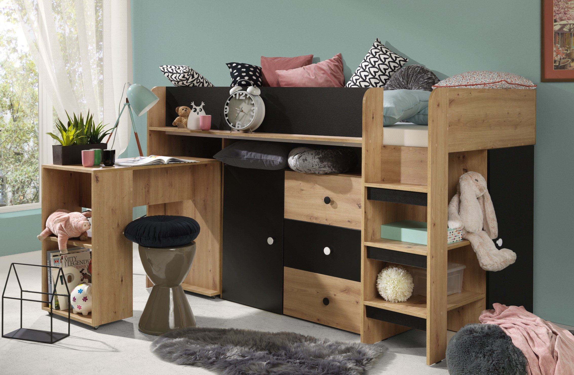 ABIKS MÖBEL Hochbett SMART 1 Etagenbett für Jugendliche mit Schreibtisch und Kleiderschrank
