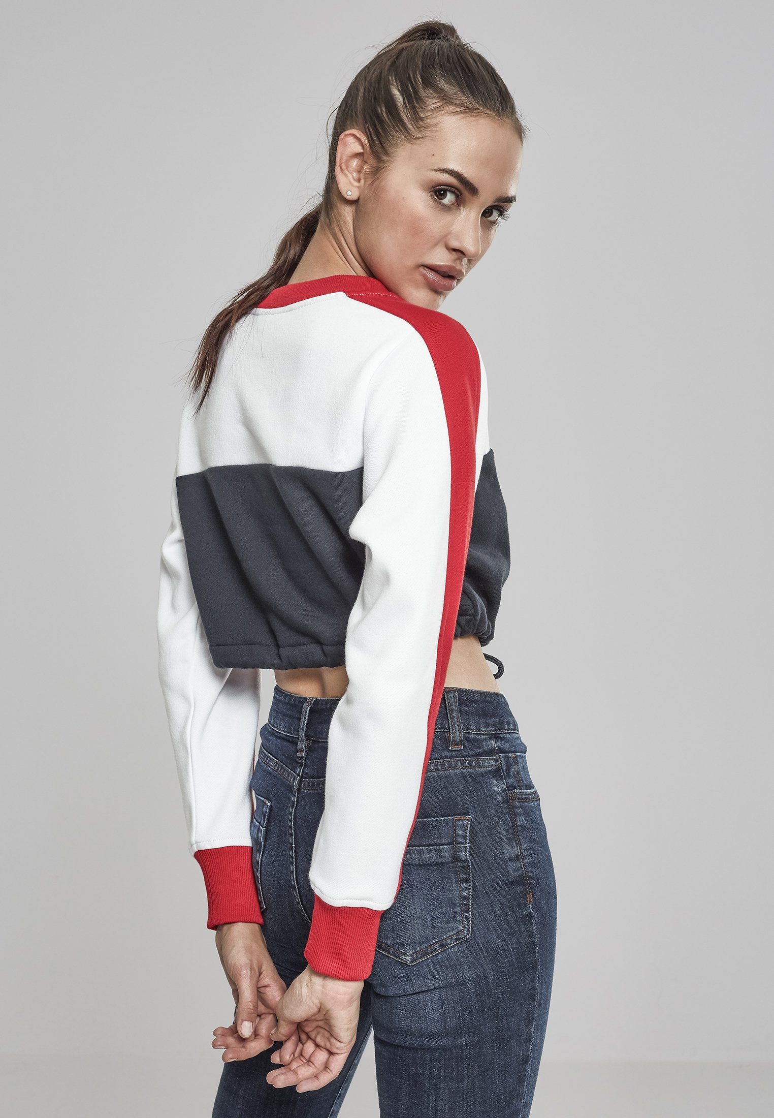 navy/white/firered (1-tlg) CLASSICS 3-Tone Stripe Damen Crew Ladies URBAN Cropped Sweater