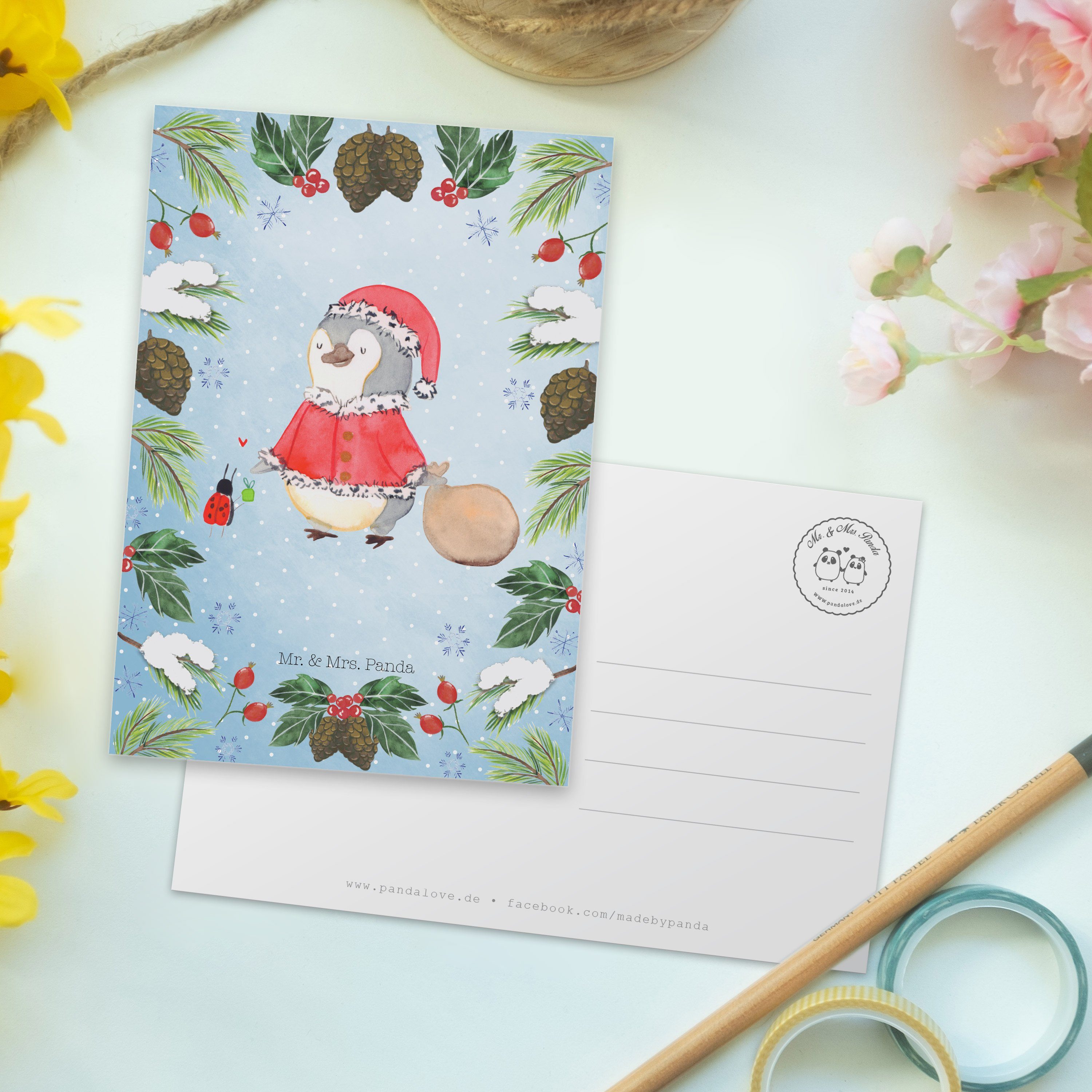 Karte, & Ge Geschenk, Mrs. - Nikolaus Weiß Wintermotiv, - Panda Grußkarte, Postkarte Pinguin Mr.