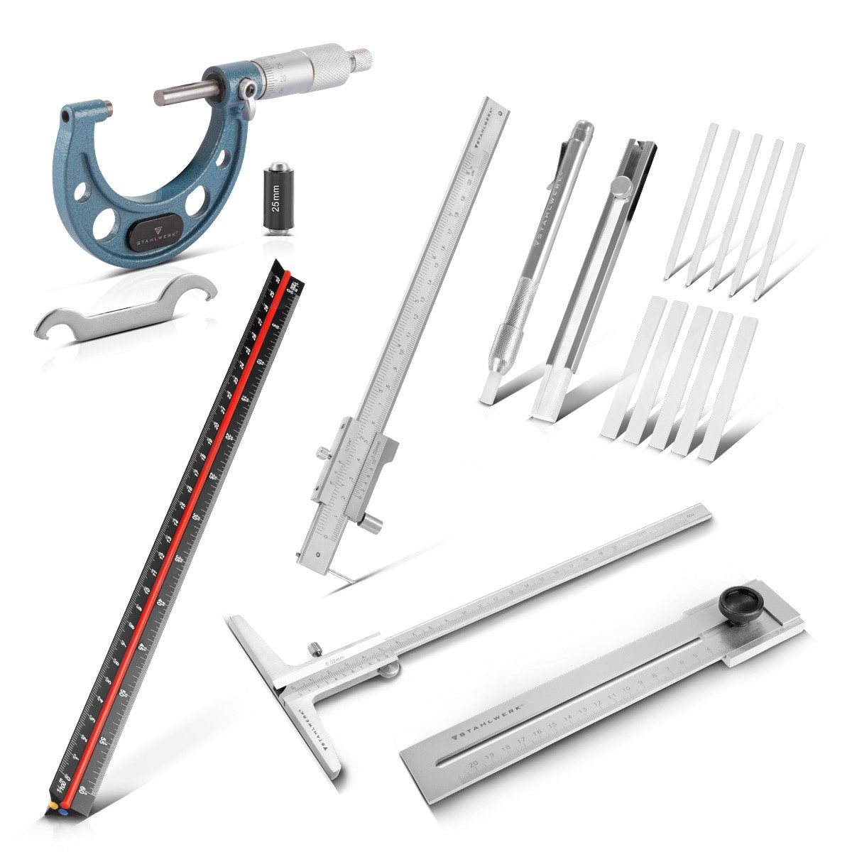 STAHLWERK Messschieber Messwerkzeugset Messschieber Mikrometer Lineal Tiefenmesser Kreide