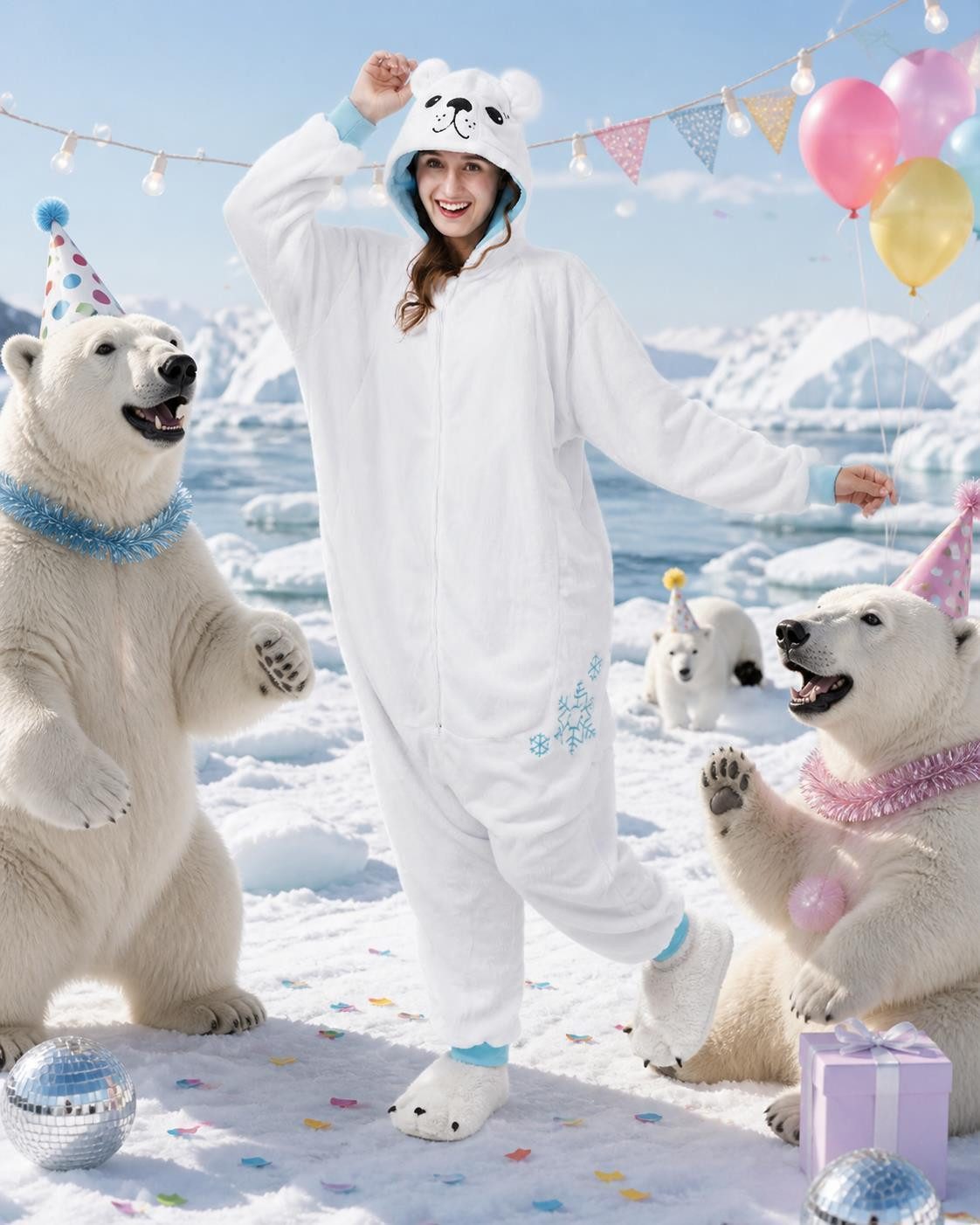 Corimori Partyanzug Flauschiges Eisbär-Kostüm für Erwachsene, Karneval Kostüm Onesie für, Jumpsuit, Pyjama, Fasching, Kigurumi, Tierkostüme, Eisbät Luca