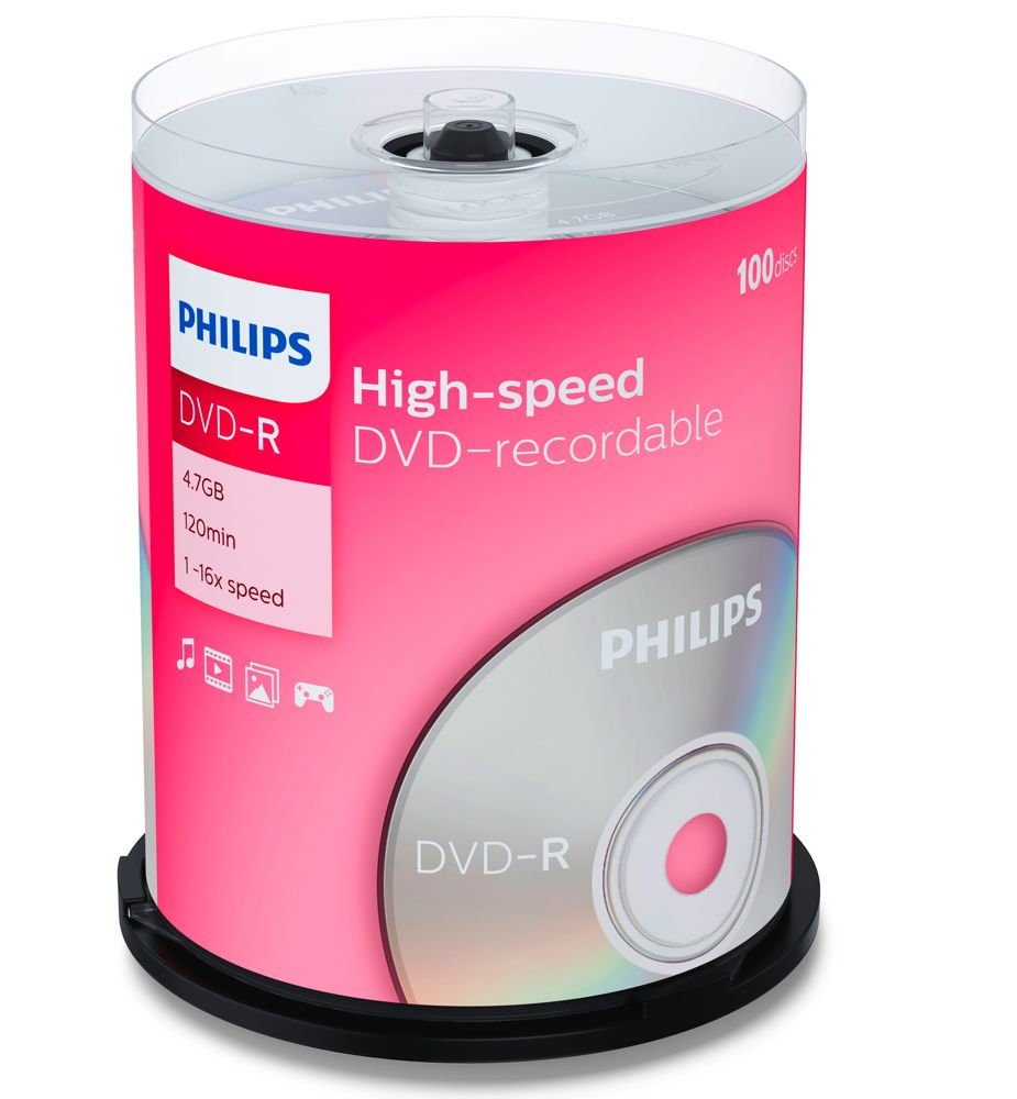 Philips DVD-Rohling 100 Philips Rohlinge DVD-R 4,7GB 16x Spindel