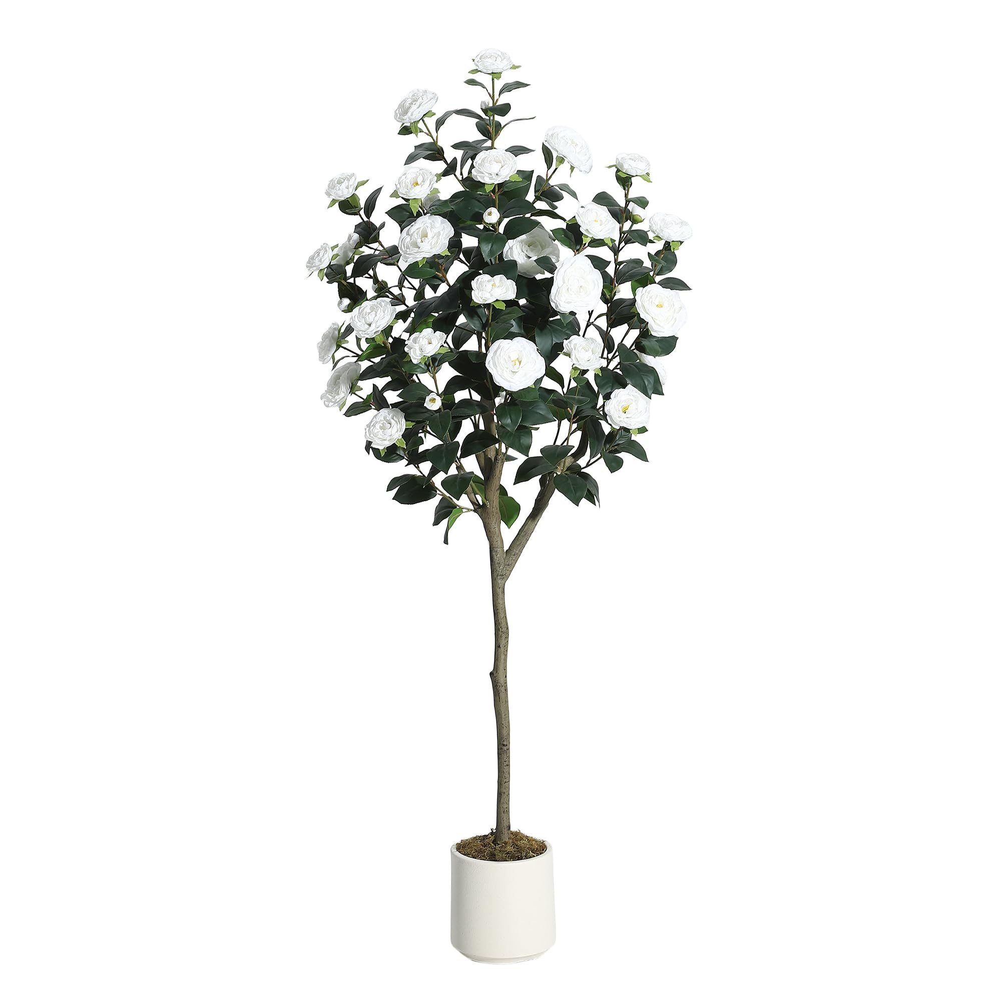 Kunstbaum Kunst-Kamelienbaum 5FT – Rot/Weiß, inkl. Topf, UV-beständig, GarveeMore, Höhe 213 cm, Seidige Blüten, pflegefrei, standsicher – für Innen & überdacht
