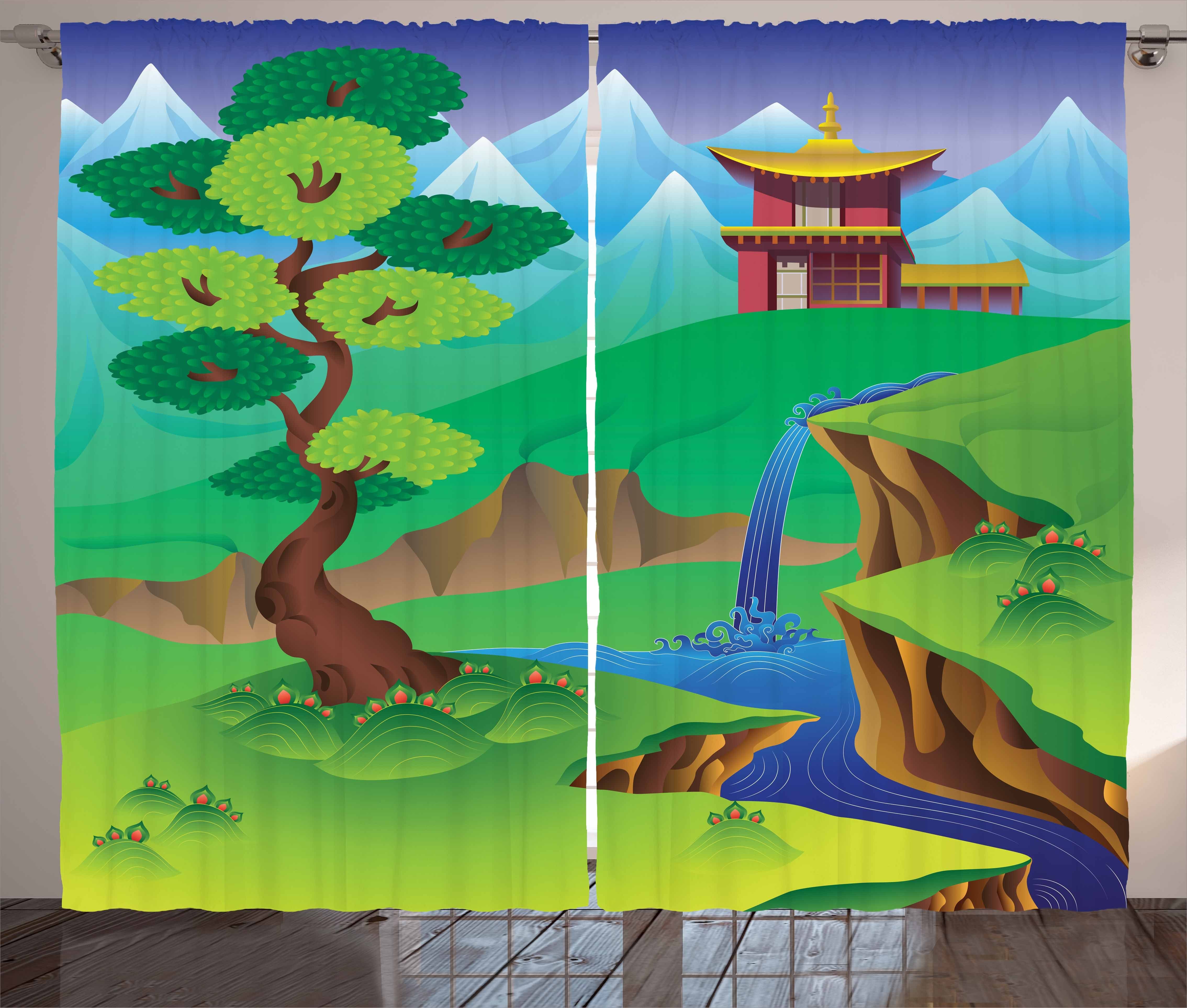Gardine Schlafzimmer Kräuselband Vorhang mit Schlaufen und Haken, Abakuhaus, Tibetisch Cartoon-chinesischer Wald | Fertiggardinen