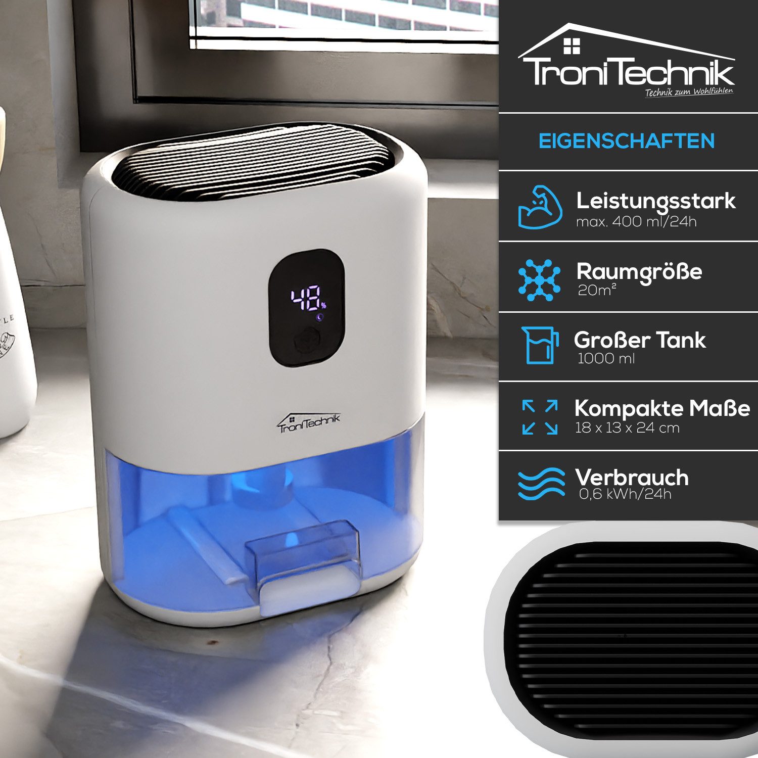 TroniTechnik Luftentfeuchter Raumentfeuchter Mini Trockner, Entfeuchtung 0.042 l/Tag, automatische Abschaltung, Tank abnehmbar