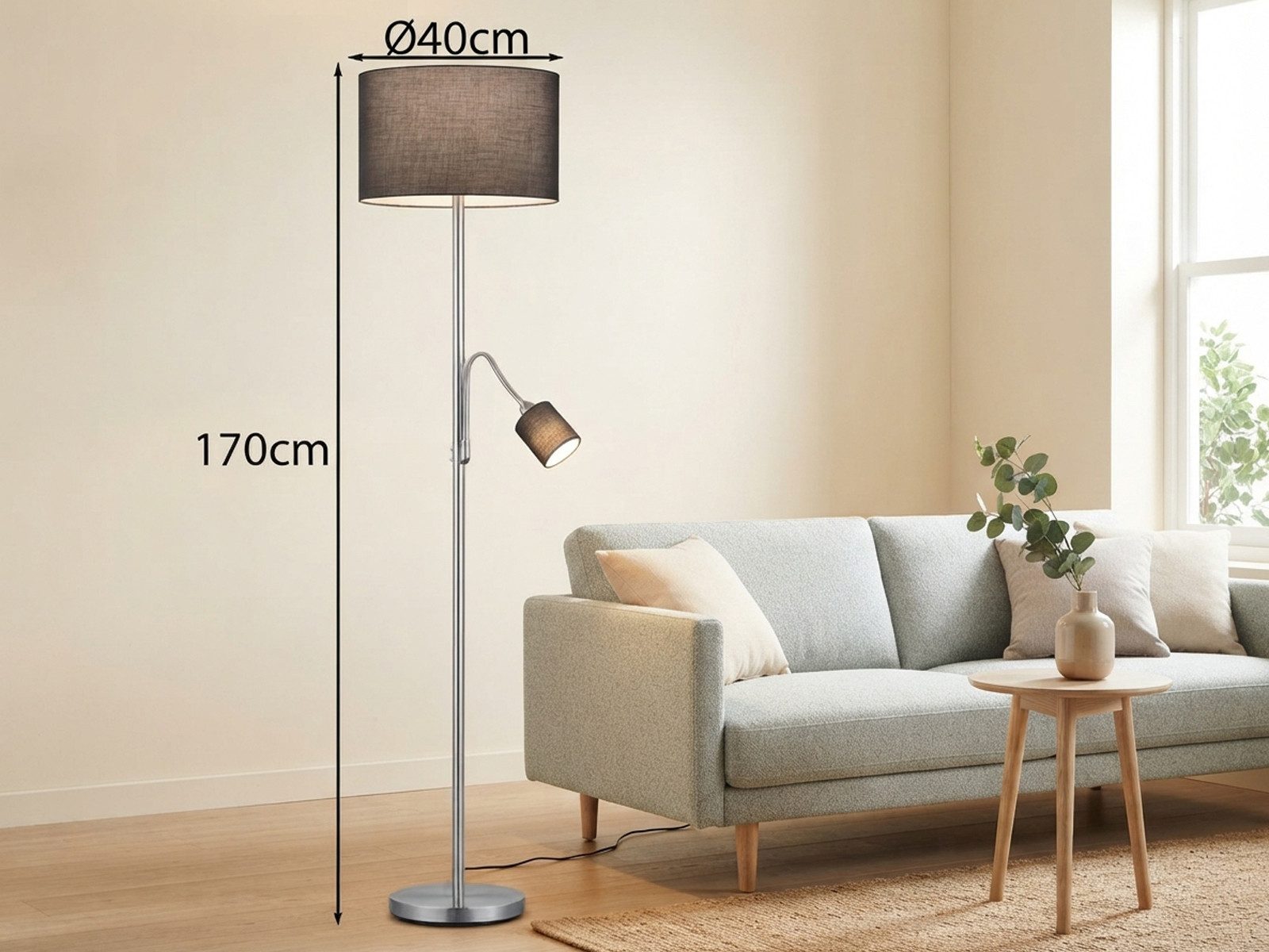 TRIO Leuchten LED Stehlampe mit Leselampe & Stoffschirm Höhe 170cm, dimmbar, LED wechselbar, Warmweiß, Designklassiker Steh-Leuchte groß für Lese-Ecke stehend – Bild 5 von 5