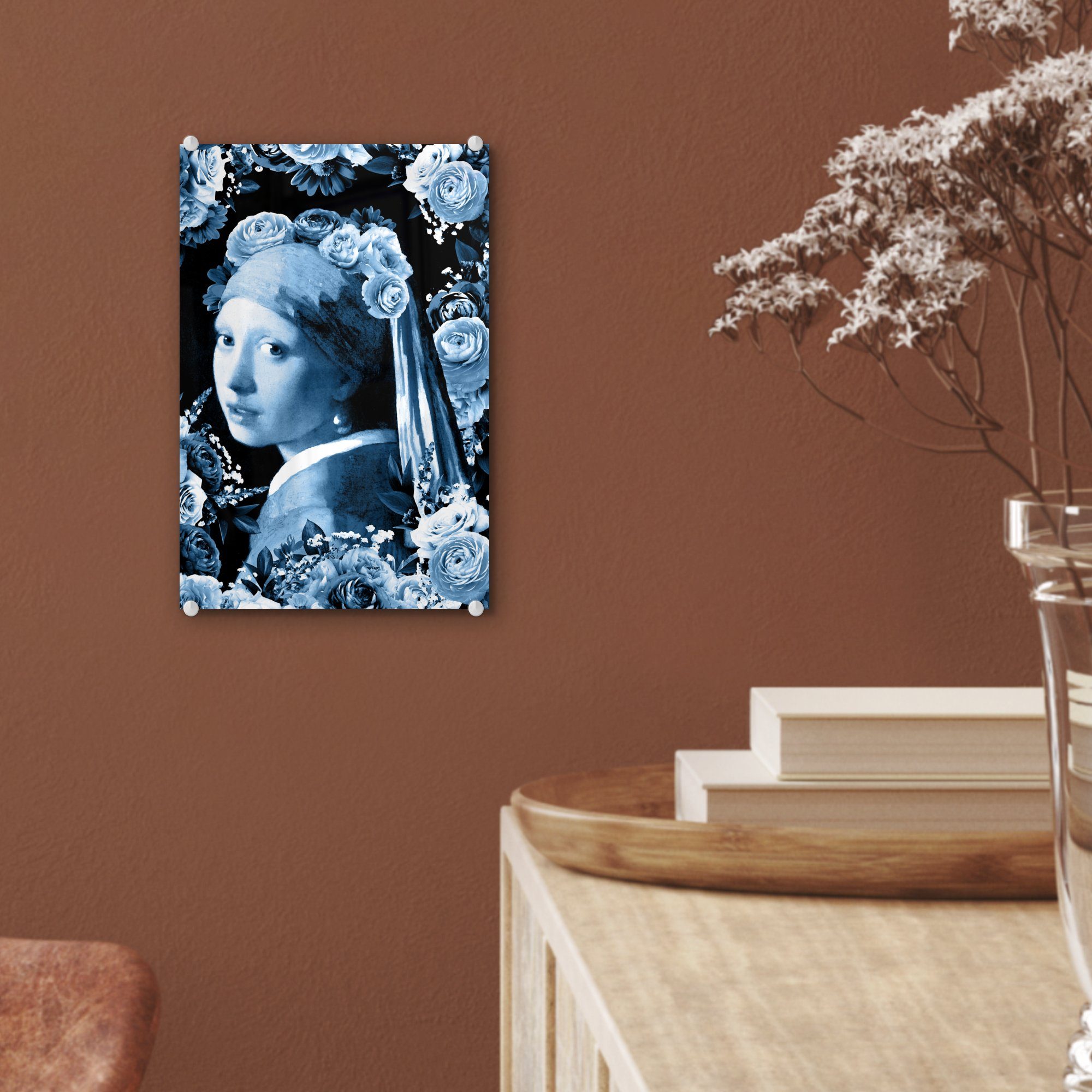 auf (1 - - Wandbild Glasbilder Johannes Vermeer mit - MuchoWow Bilder - Perlenohrring auf Foto Blau, - Mädchen Wanddekoration Glas St), Acrylglasbild Glas Delfter