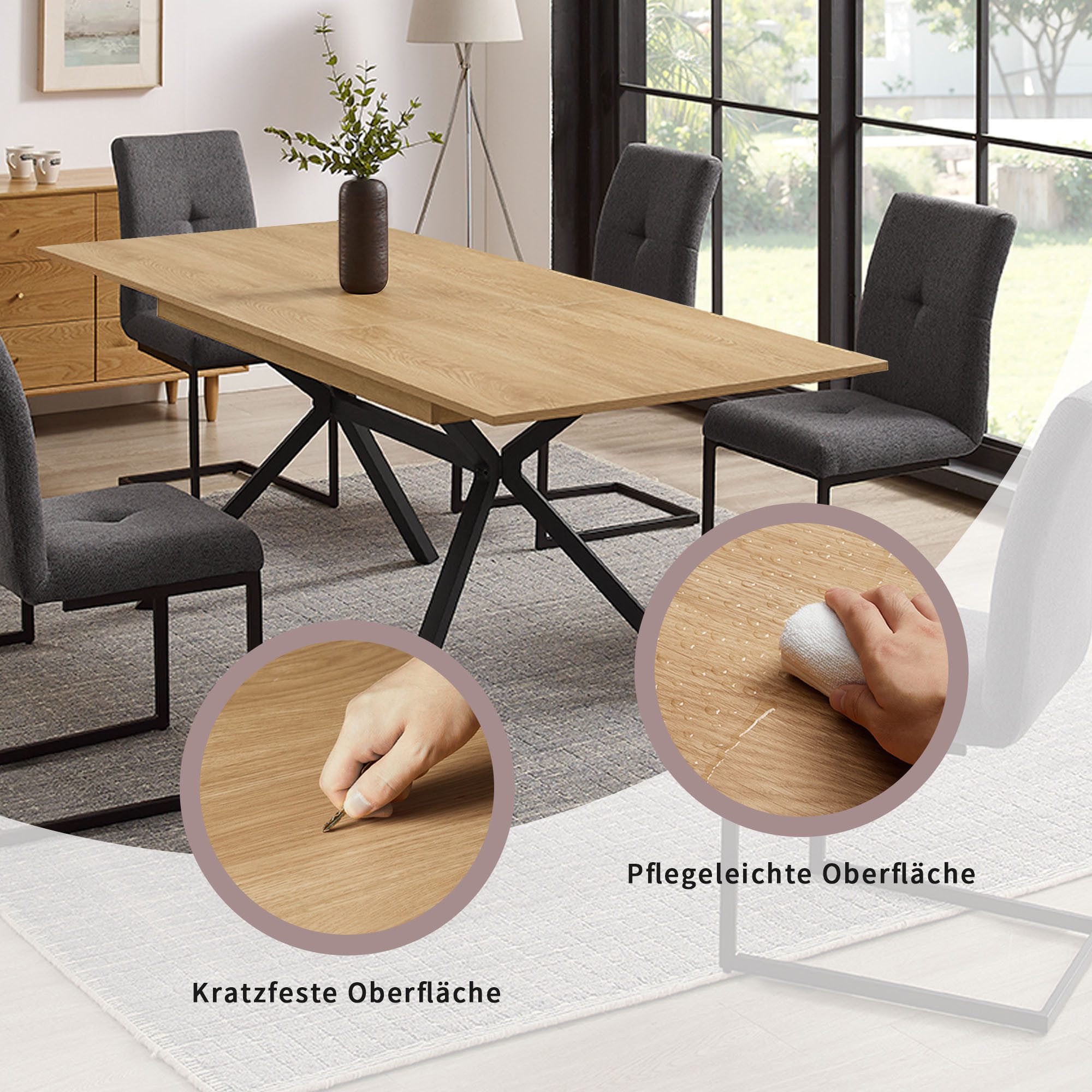 OTTO home Essgruppe Vendy, Esstisch ausziehbar plus 6 Freischwinger, (Set, 7-tlg., Esstisch ausziehbar 160 - 210 cm plus 6 Esszimmerstühle), pflegeleichte Strukturstoff-Stühle, 3D-Steppung, ausziehbarer Tisch