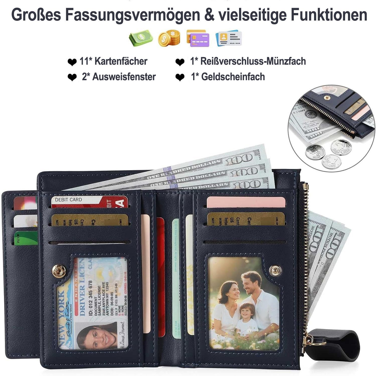 nsihing Geldbörse Damen Geldbörse, kleine Münzbörse, faltbare Handtasche mit mehreren Kartenfächern – Bild 2 von 5