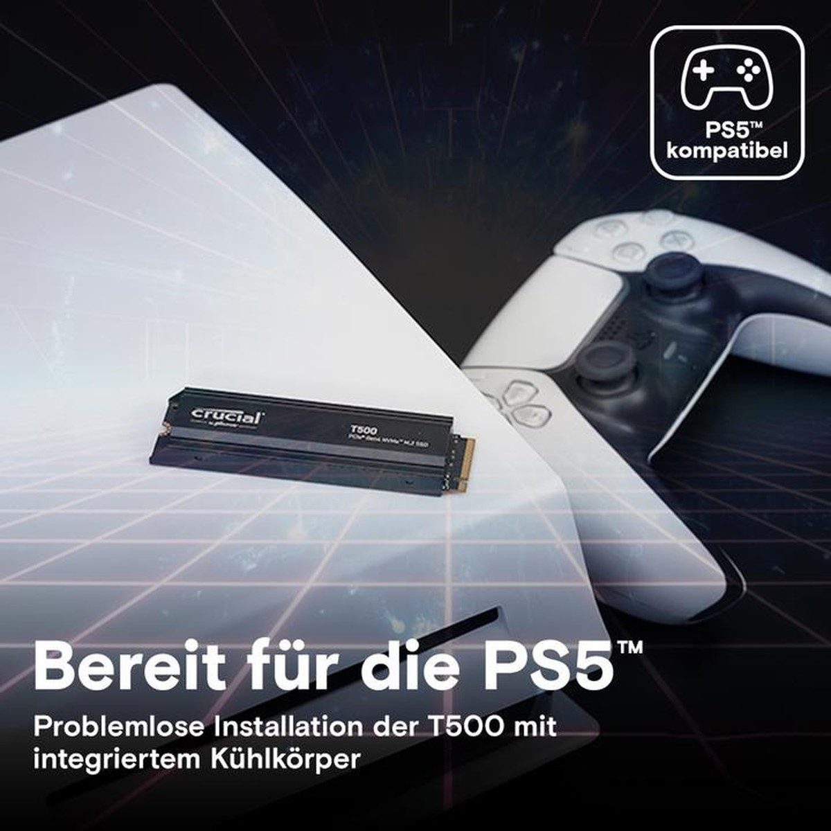 Crucial T500 4TB SSD PS5 M.2 2280 PCIe 4.0 NVMe Kühlkörper interne SSD (4 TB) M.2" 7000 MB/S Lesegeschwindigkeit, 6900 MB/S Schreibgeschwindigkeit, PCIe Gen4 NVMe, Heatsink, TLC NAND, DRAM Cache