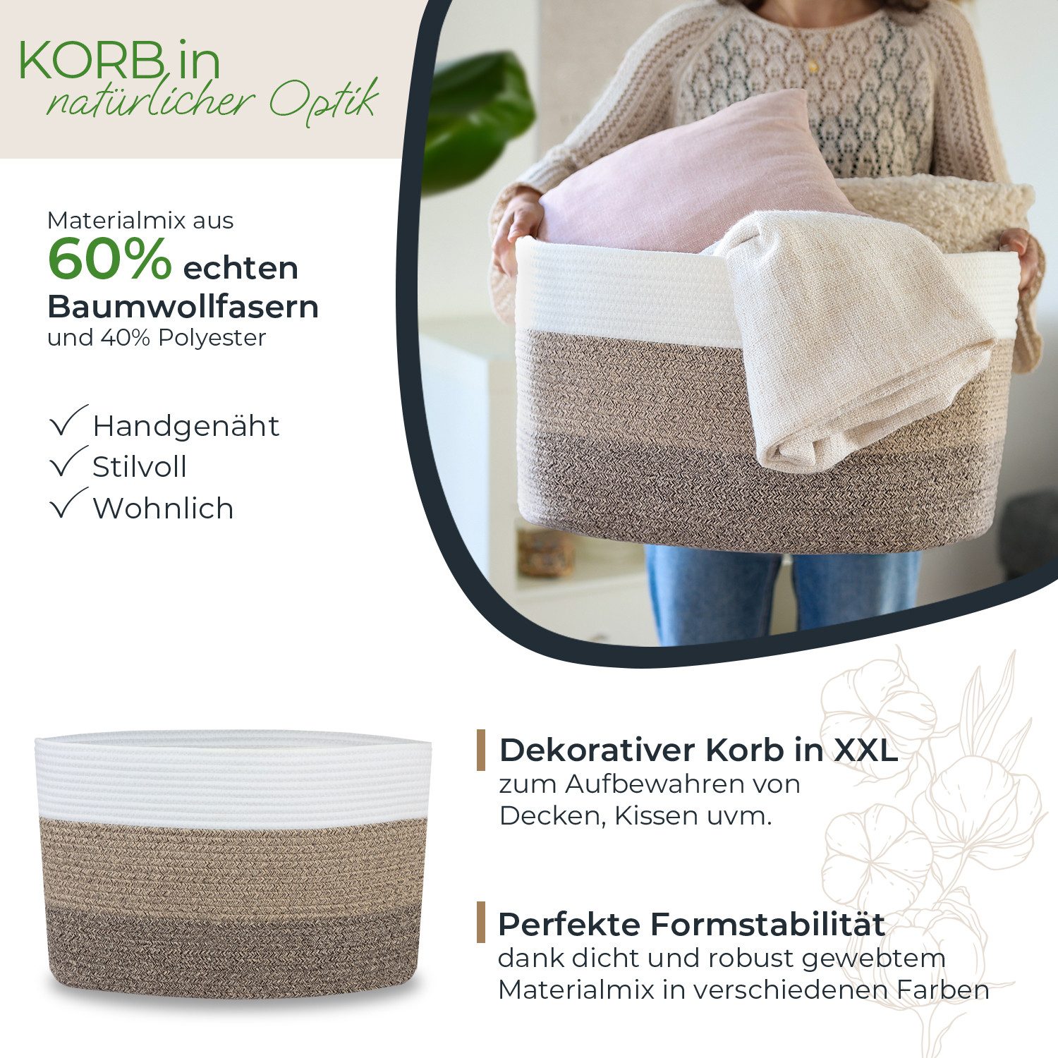 HMF Aufbewahrungskorb XXL Wäschekorb aus Baumwolle, 71 Liter, rechteckiger Aufbewahrungskorb mit Griffen, 55 x 43 x 30 cm Weiß-Braun – Bild 2 von 5
