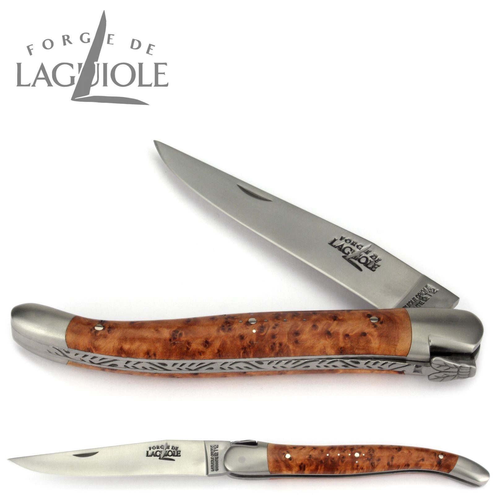 Forge de Laguiole Taschenmesser 1212 IN TH SAT, Griff 12cm Thuja - Feder verziert - Stahl Backen Klinge satiniert