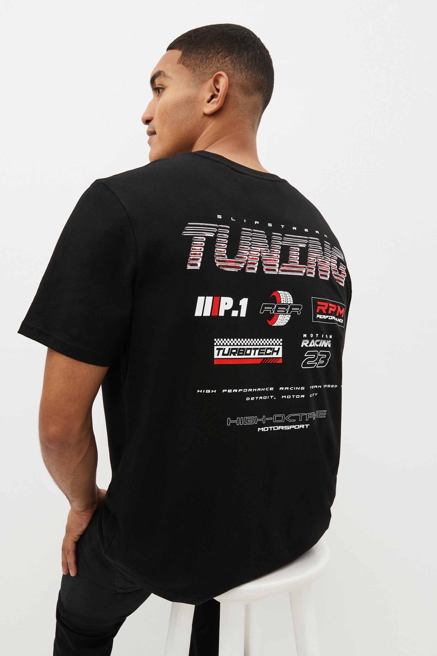 Fit Print-Shirt (1-tlg) Motor T-Shirt im Next Black Gemustertes Relaxed
