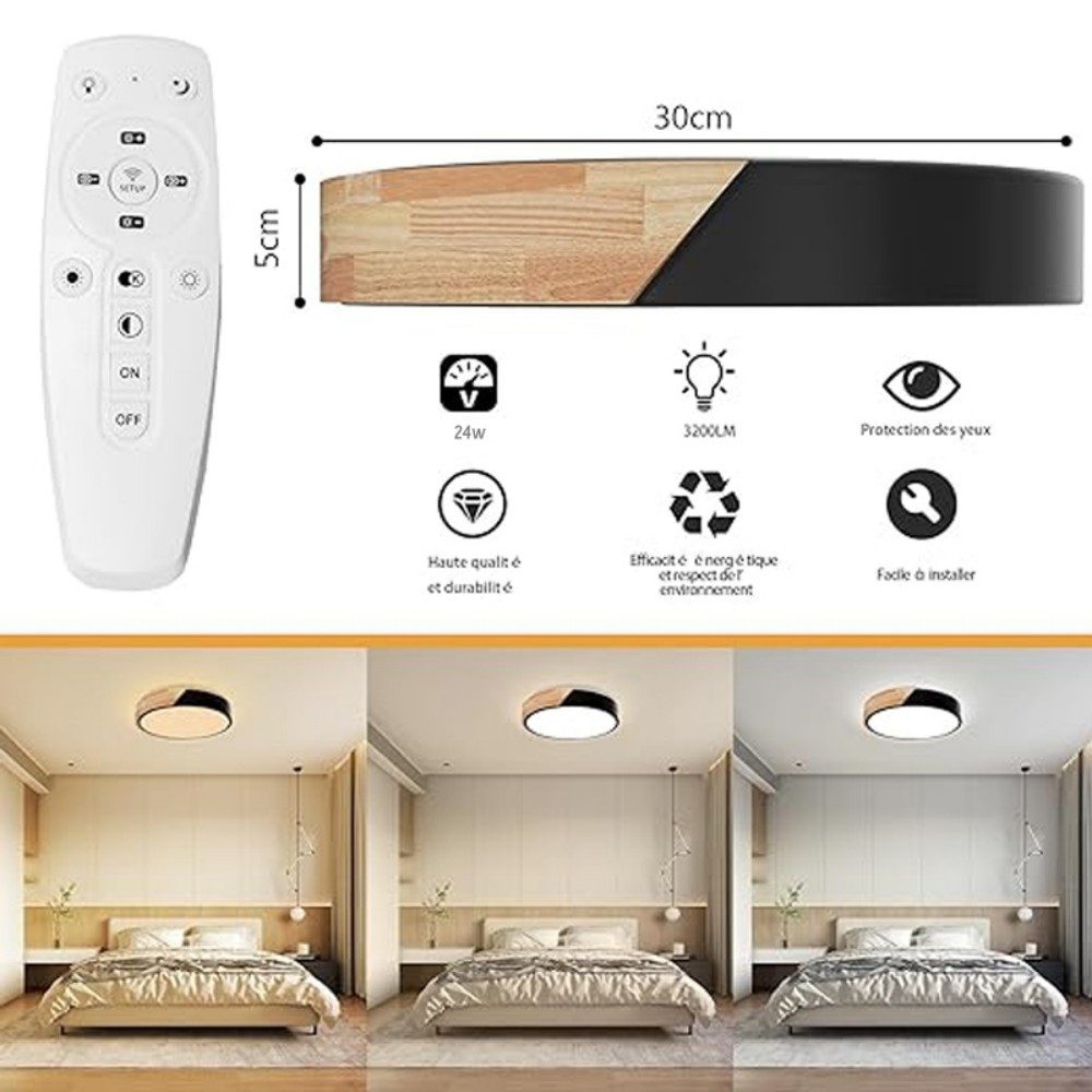 POPOLIC LED Deckenleuchte 24-W-moderne Leuchte, Deckenleuchte Holz, dimmbare Decke 3000k-6000k, ferngesteuerte LED-Deckenleuchte, für Wohnzimmer und Flur, Schwarz