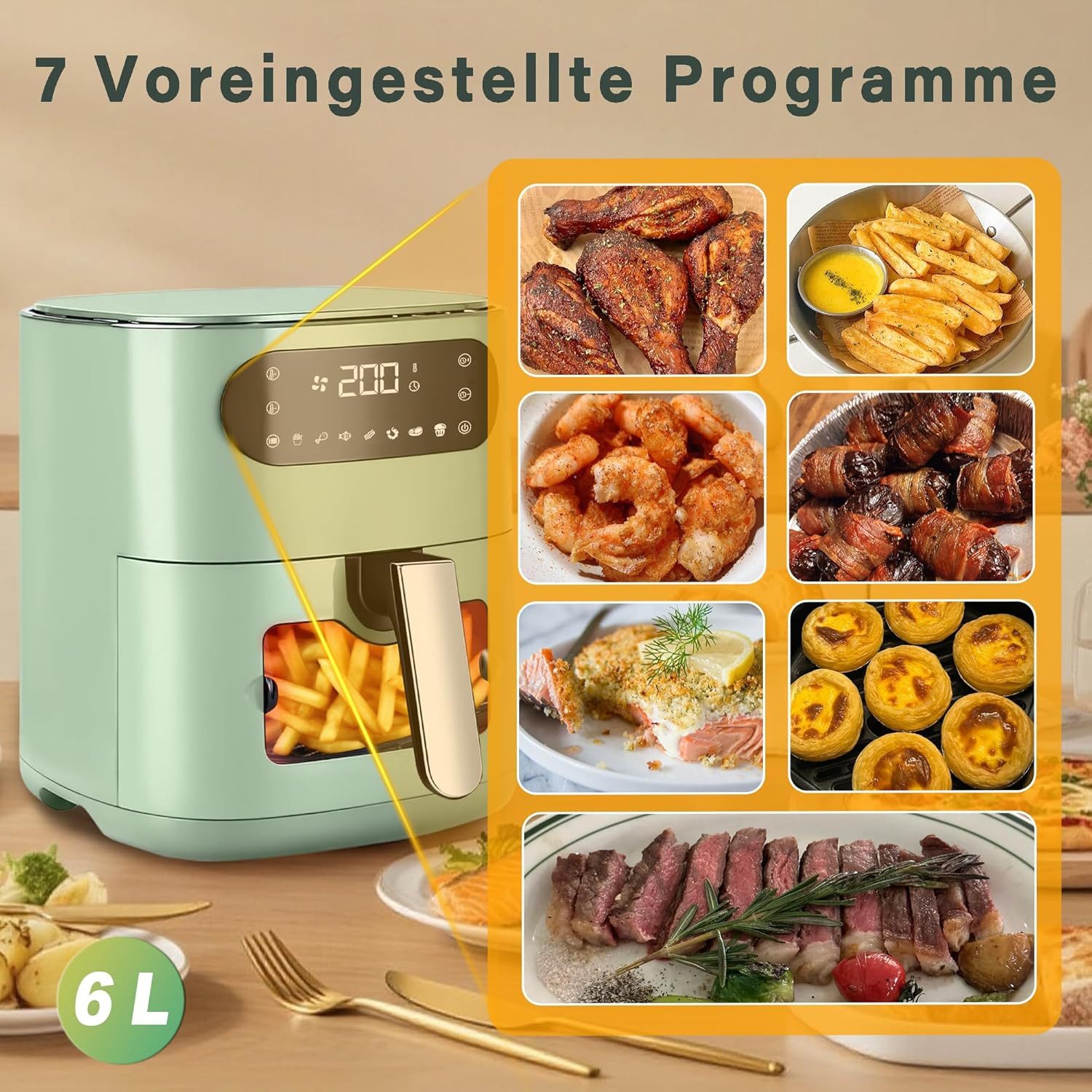 ZMH Heißluftfritteuse 6L Airfryer Einzelkorb Sichtfenster - 7 Garprogramme 11 Funktionen, 1500 W, Temperatur (80–200 °C) und Garzeit (bis zu 60 Minuten)