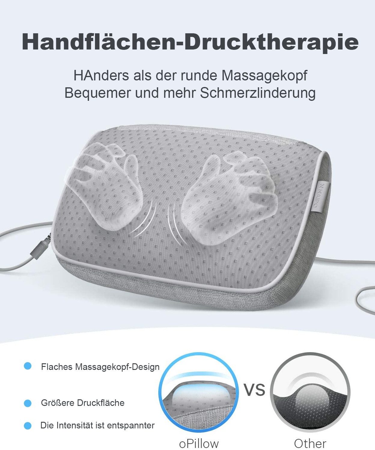 NAIPO Massagekissen Shiatsu Nacken- und Rückenmassagegerät mit Wärmefunktion, und Rückenmassagegerät mit Knetfunktion