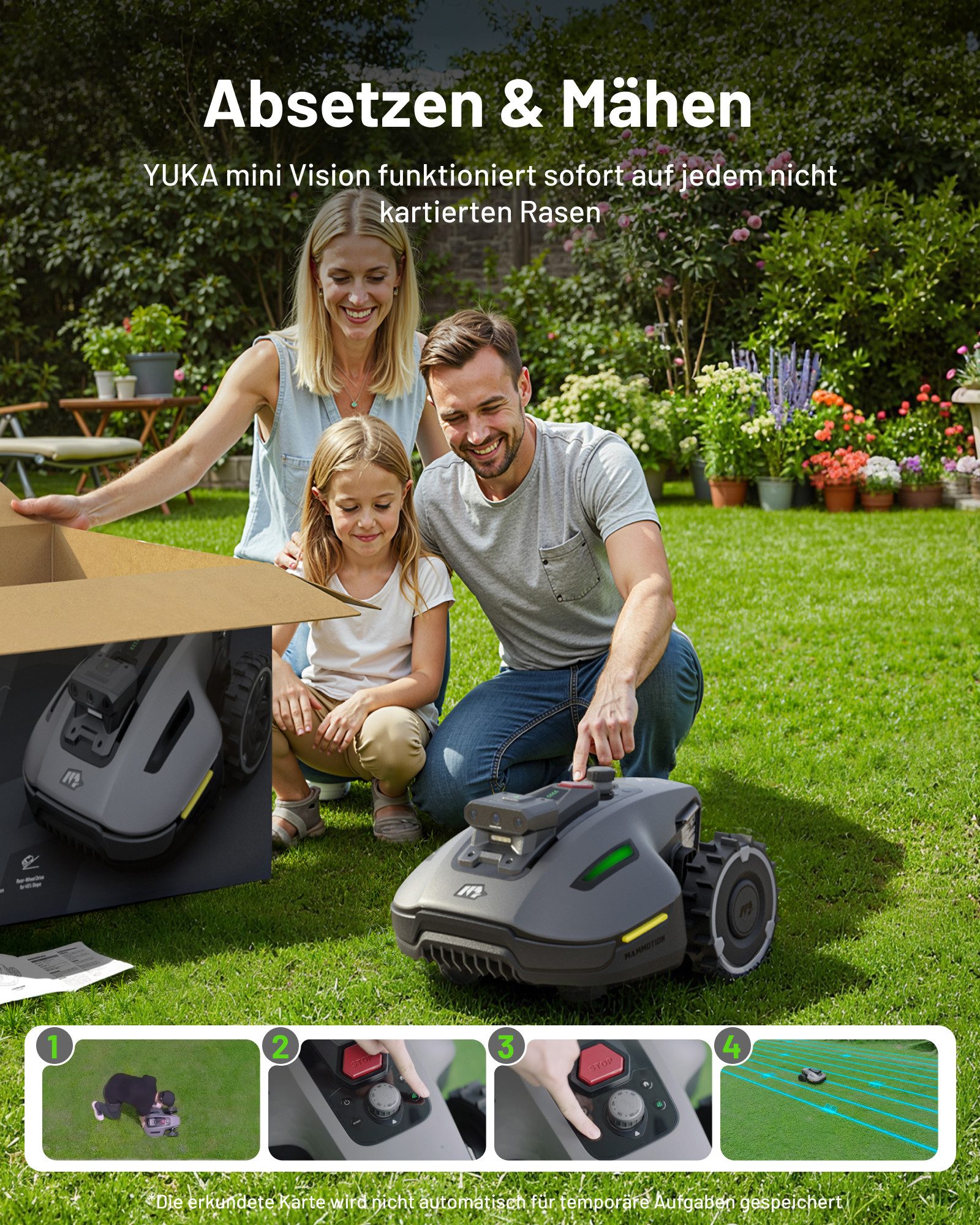 Mammotion Rasenmähroboter YUKA Mini Vision, bis 700 m² Rasenfläche, (Kein RTK erforderlich, mit 4G-Modul, Triple-Cam AI Vision Navigation), Automatische Kartierung, Hindernisvermeidung, Routenplanung, App
