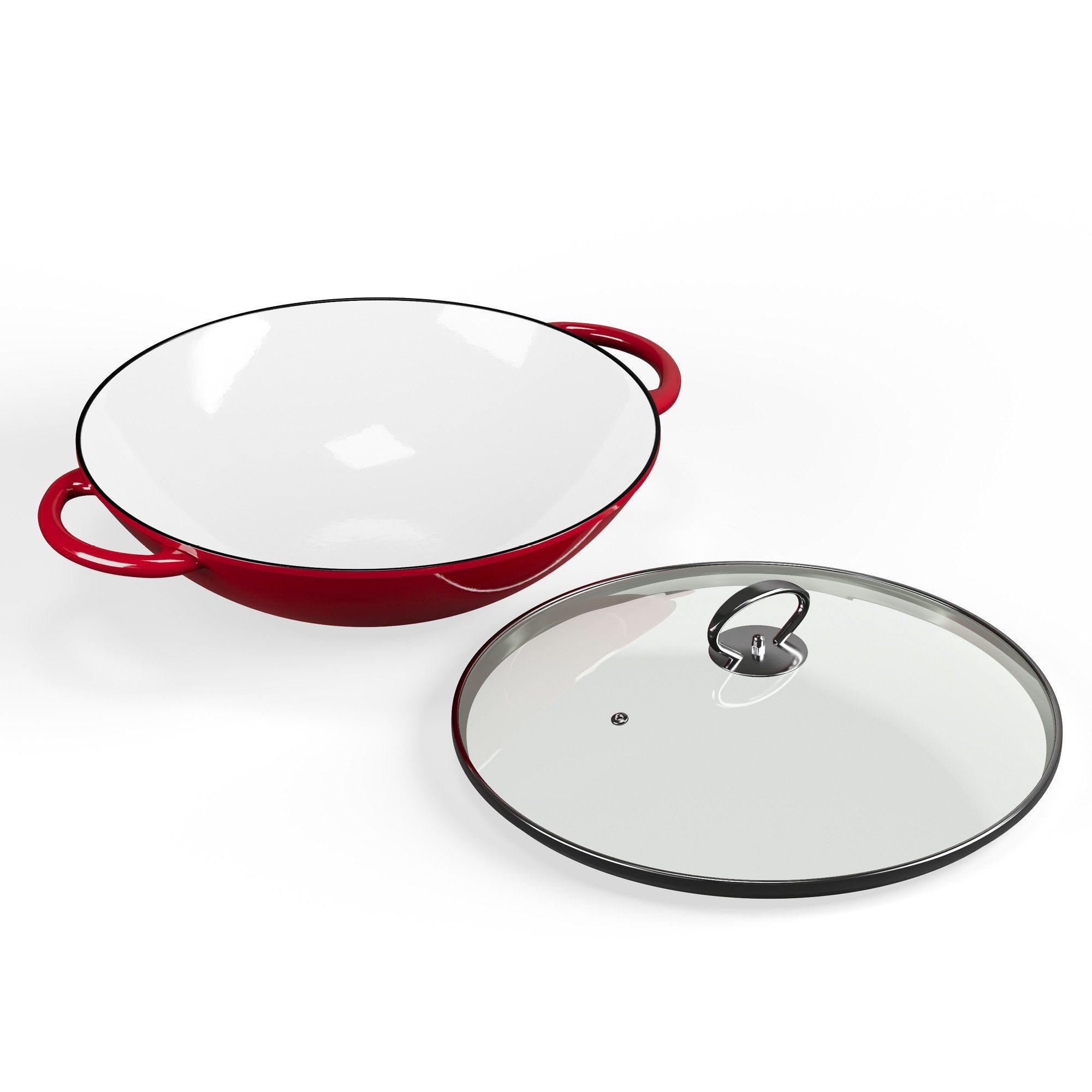 Klarstein Wok Jersey Red Cast Iron Enamel Wok, Gusseisen, Emaille und Edelstahl (Set, Wok 37 cm diameter), Wok Kochen ofenfest induktion Gas Elektro Gusseisen