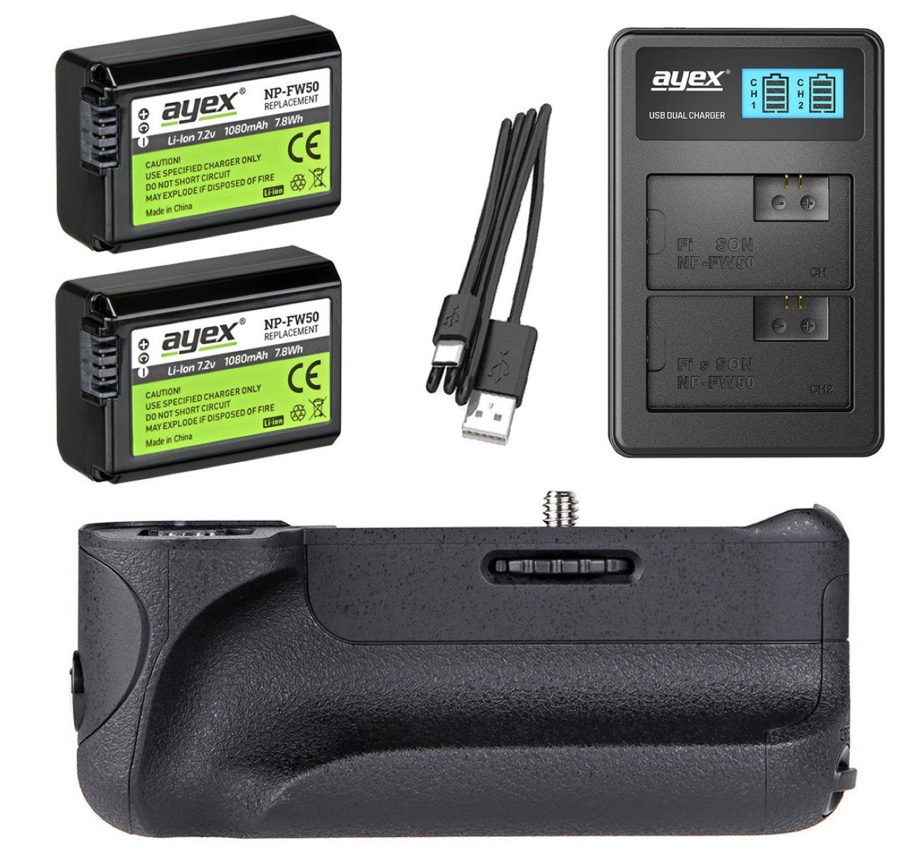 ayex Batteriegriff Batteriegriff Sony Alpha A6500 + 2x NP-FW50 Akku + USB Dual-Ladegerät