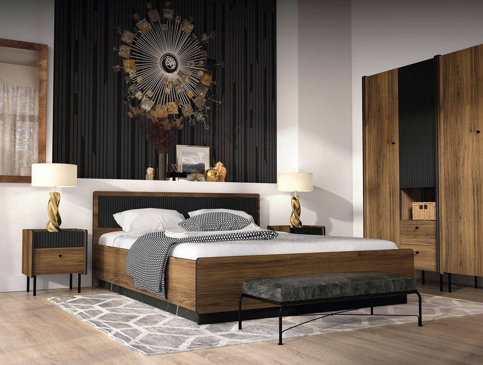 Compleo Kleiderschrank mit gerifflete Front Front COMO, Modern Schrank mit 2 Schubladen Modern Stil