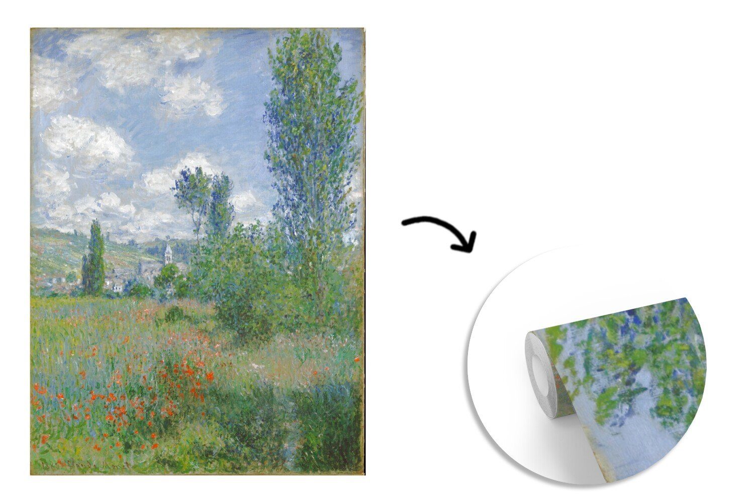 Vétheuil - Vinyl von bedruckt, von (4 MuchoWow für Fototapete Ansicht Monet, Claude Wandtapete Matt, Tapete Wohnzimmer, Montagefertig St), Gemälde