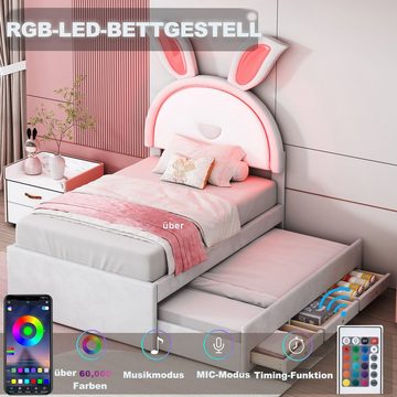 Flieks Polsterbett, LED Kinderbett 90x200cm mit Schubladen/ausziehbarem Bett 90x190cm Samt