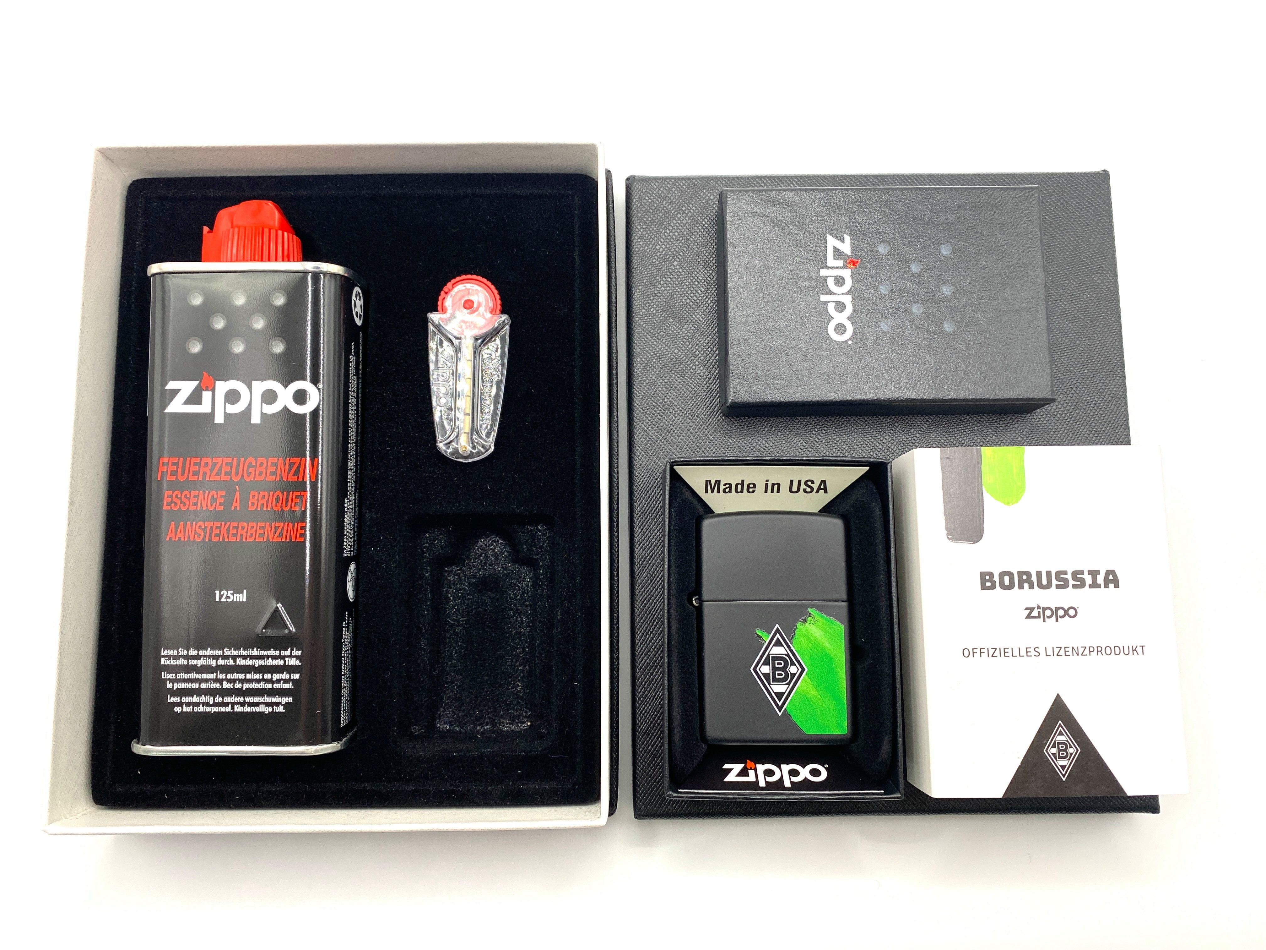 Zippo Feuerzeug Geschenkset Borussia Mönchengladbach schwarz grün oder silber (inkl. Benzin, Feuersteine und Geschenkbox), Geschenkidee Borussia Mönchengladbach