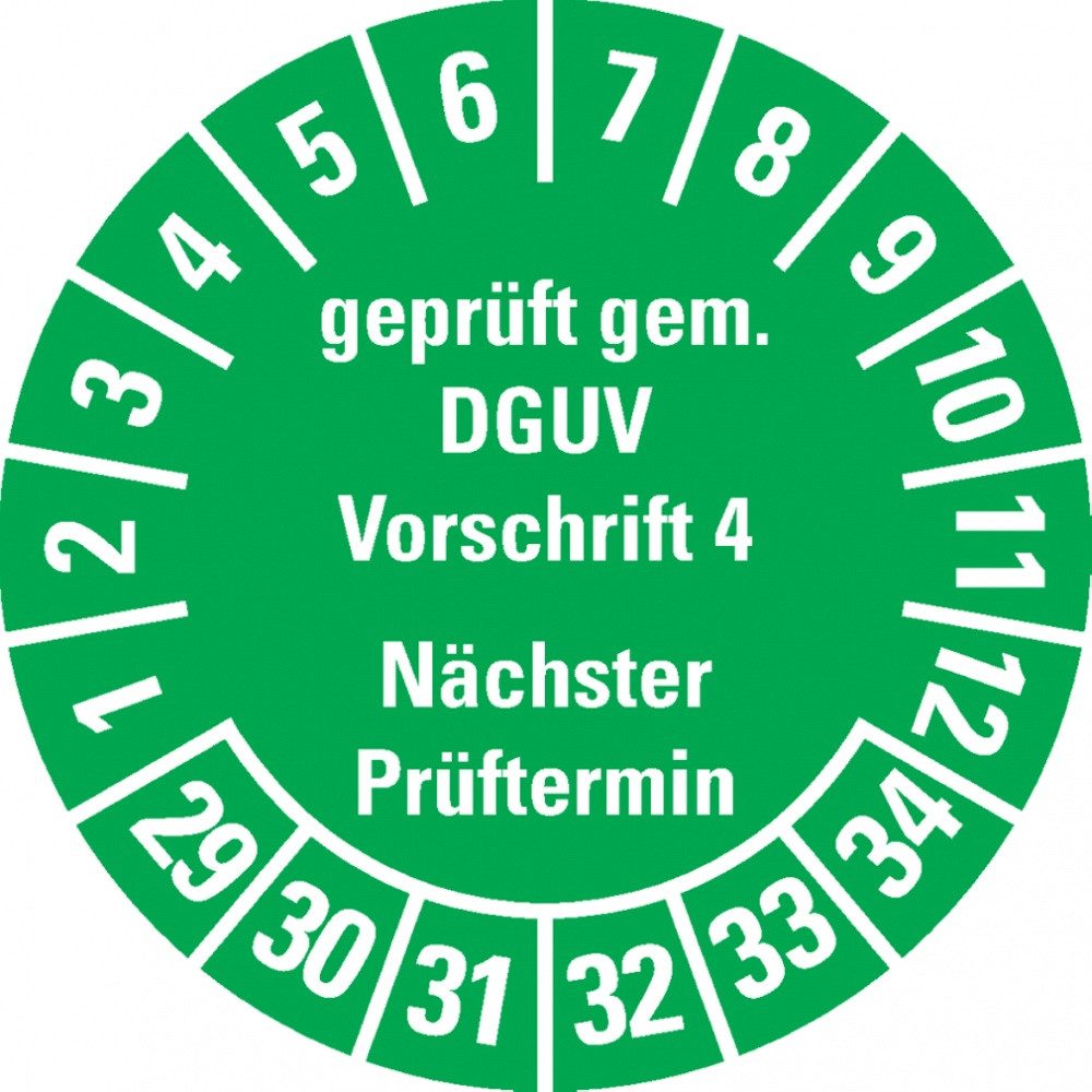 Hinweisschild Prüfplakette Geprüft gemäß DGUV Vorschrift 4, 29-34, grün, Folie, Ø30m