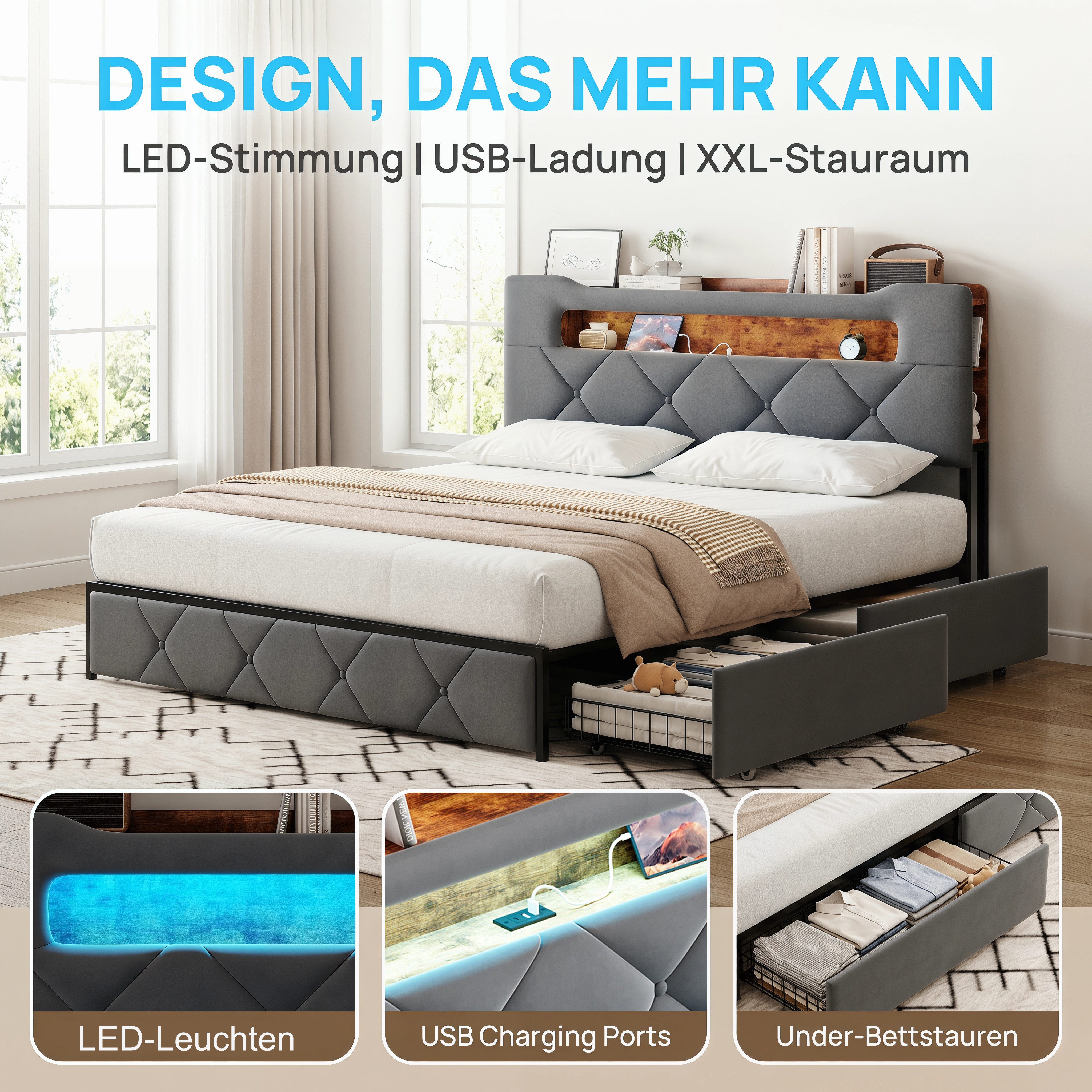 ADWOLT Polsterbett Doppelbett Stauraumbett mit 4 Schubladen Samtstoff, 160x200 cm,Mit USB+TYPE-C,LED-Beleuchtung,Schubladen mit Rädern,Grau – Bild 4 von 5