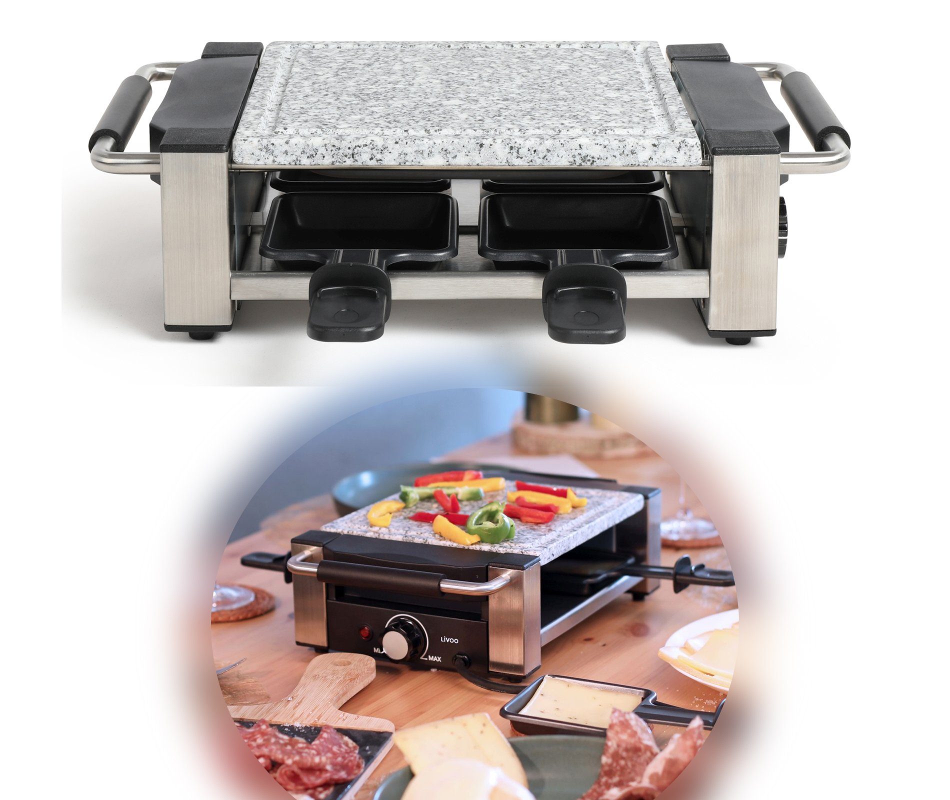 Holzspatel, W, Raclettepfännchen, Grill LIVOO Füße 4 Raclette für Pfännchen, Granitplatte, 650,00 4 4 Personen Raclette abnehmbare LIVOO 650, Granitplatte Raclettegrill rutschfeste 4