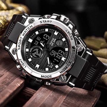 GelldG Uhr Sport Militär Armbanduhr Digital Analog Zwei Zeitzonen LED Kalender