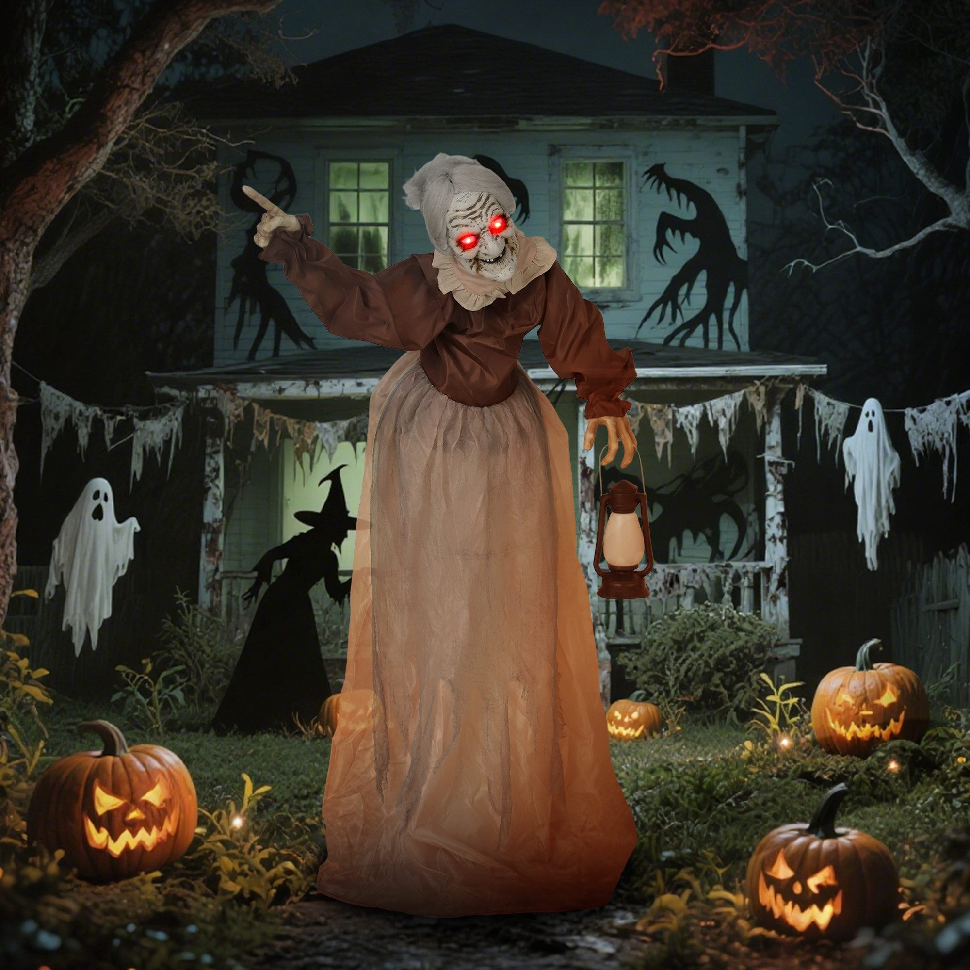 Outsunny Dekofigur mit LED-Lichter, Soundfunktion, verstellbare Arme, Kopf (Halloween Hexe, 1 St., 150 cm Halloween Dekoration), Garten Dekofigur in Lebensgröße für Party