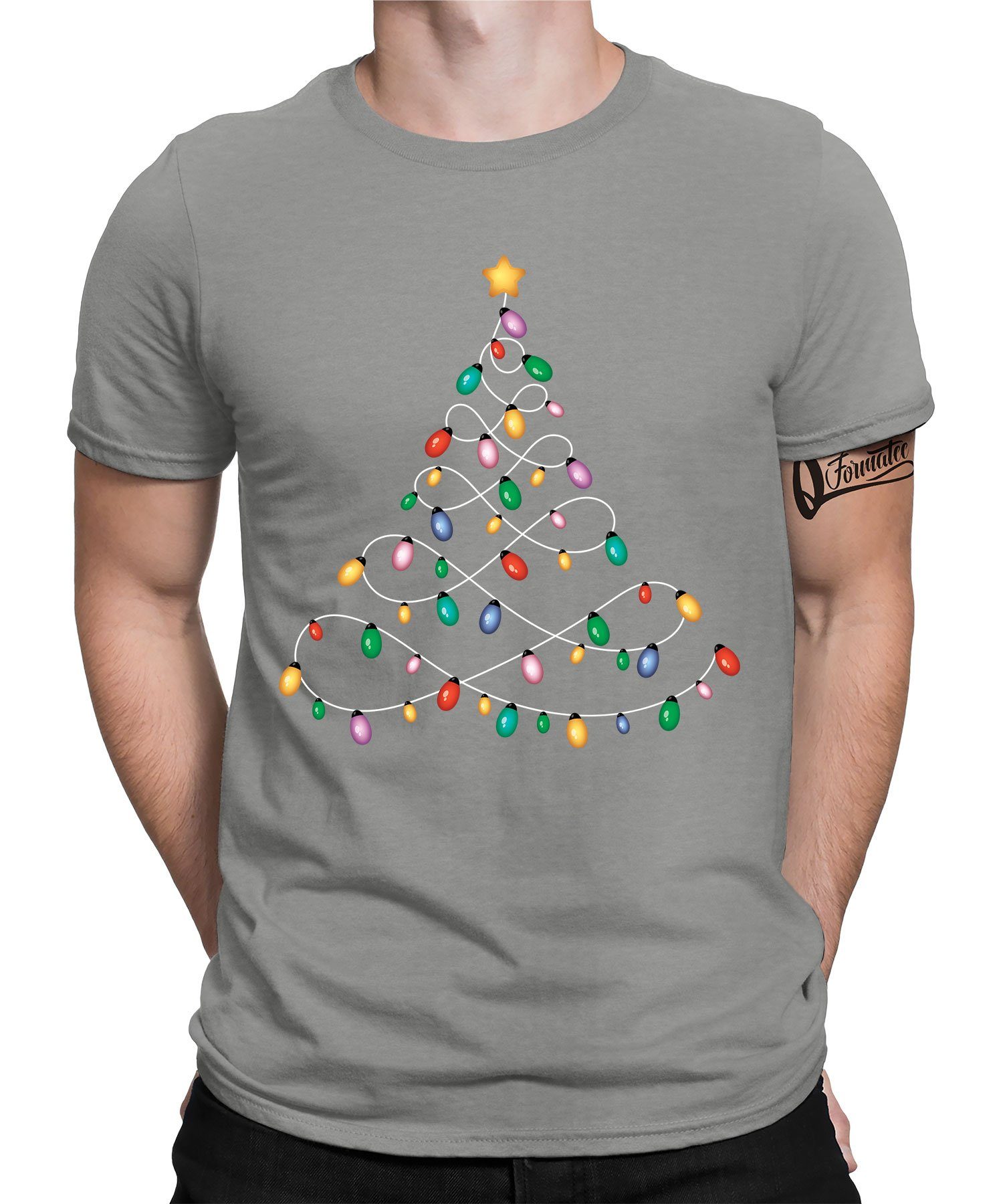 Quattro X-mas Kurzarmshirt Weihnachtsgeschenk Formatee (1-tlg) Weihnachten Grau Heather - Lichterkette Weihnachtsbaum
