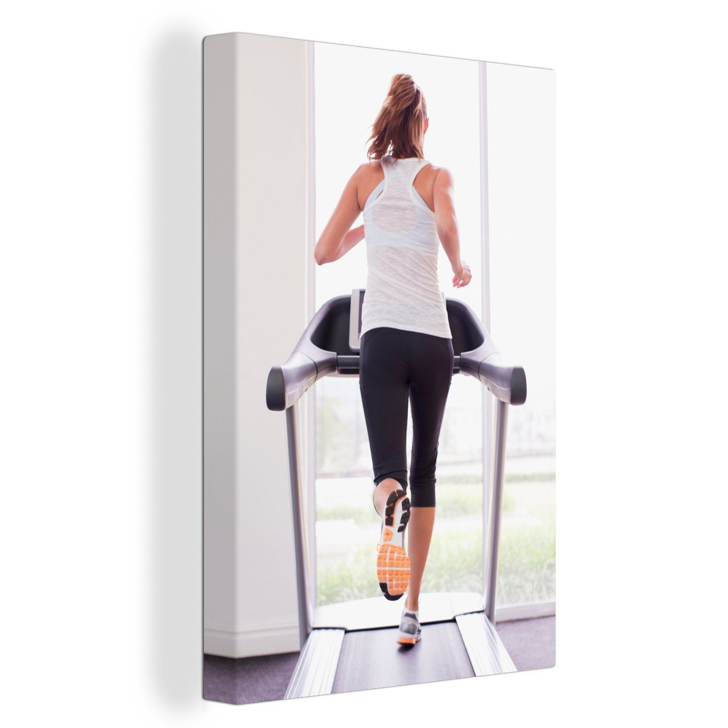 OneMillionCanvasses® Leinwandbild Eine Frau macht Fitness auf einem Laufband, (1 St), Leinwandbild fertig bespannt inkl. Zackenaufhänger, Gemälde, 20x30 cm