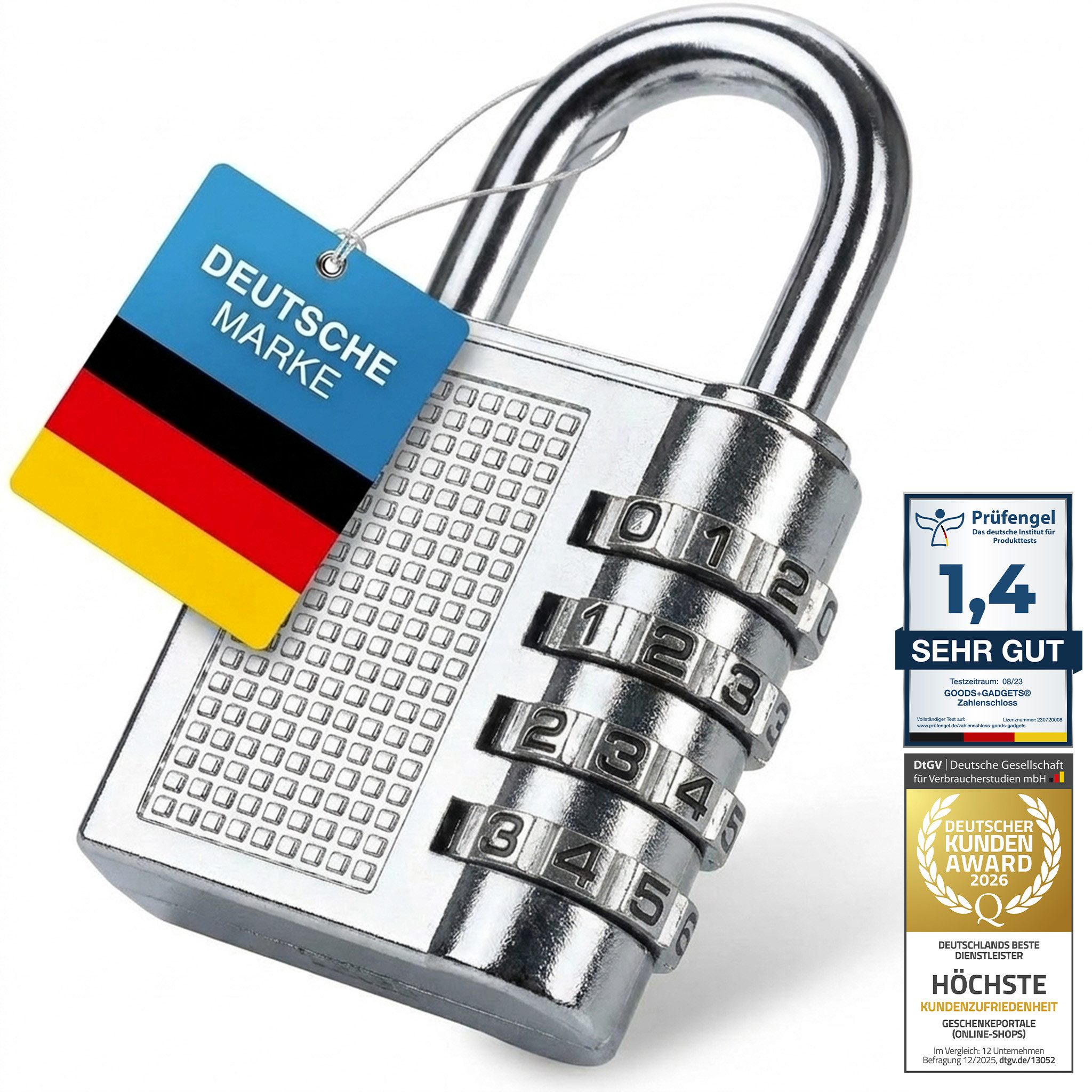 Goods+Gadgets Lenkrad-/Pedalsperre Zahlenbügelschloss Reiseschloss – 3-stelliges Zahlenschloss für Gepäck (Vorhängeschloss), 3-stelligem Zahlencode
