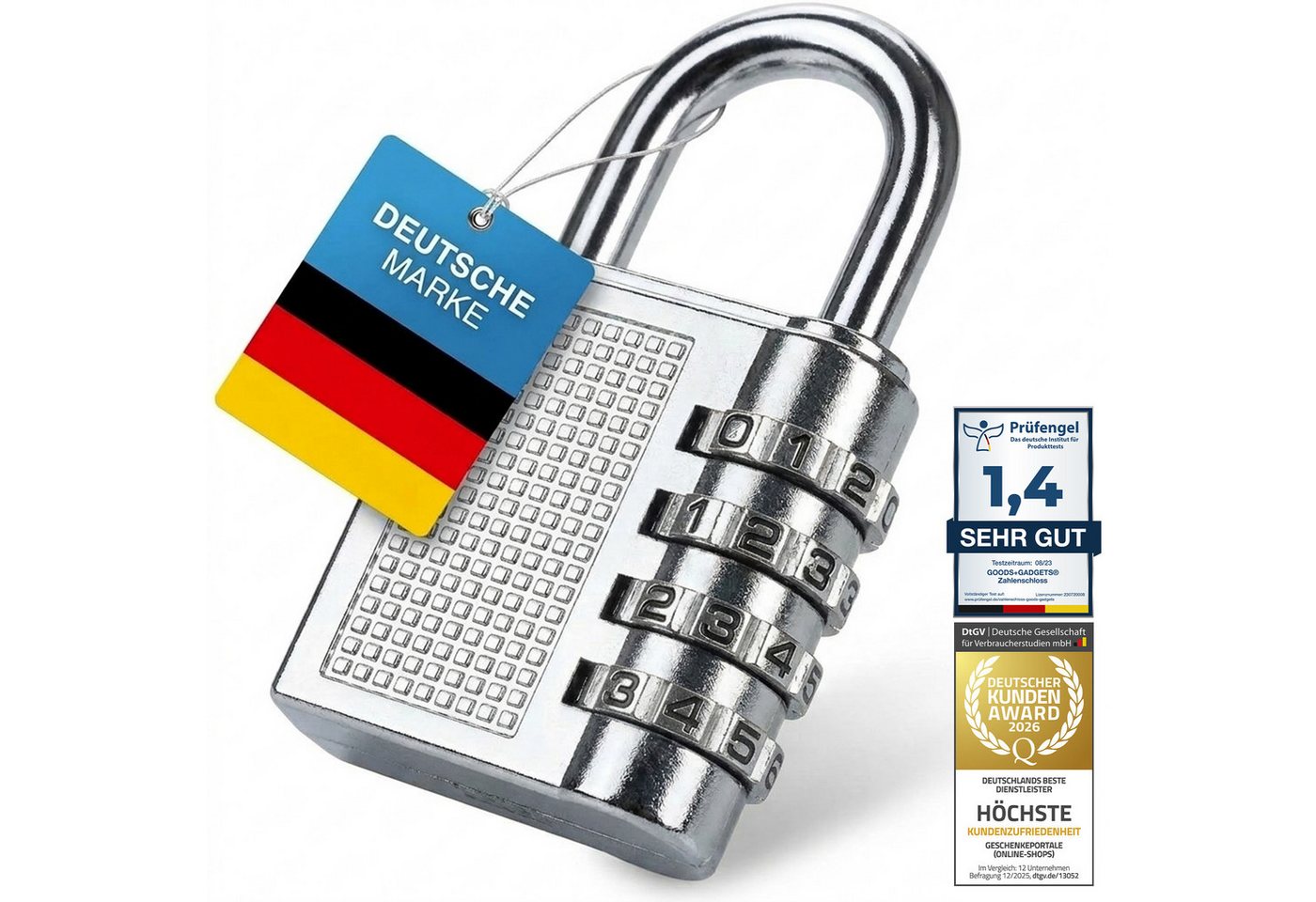 Goods+Gadgets Lenkrad-/Pedalsperre Zahlenbügelschloss Reiseschloss – 3-stelliges Zahlenschloss für Gepäck (Vorhängeschloss), 3-stelligem Zahlencode