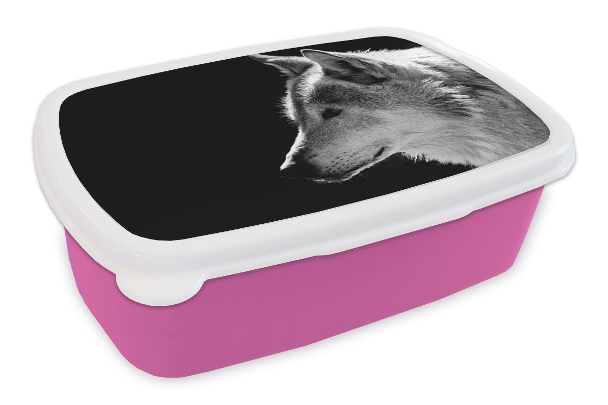 rosa Kunststoff Wildlife - Schwarz - Brotdose Wolf Mädchen, für (2-tlg), Erwachsene, MuchoWow Lunchbox Kinder, Snackbox, Weiß, Brotbox Kunststoff, -