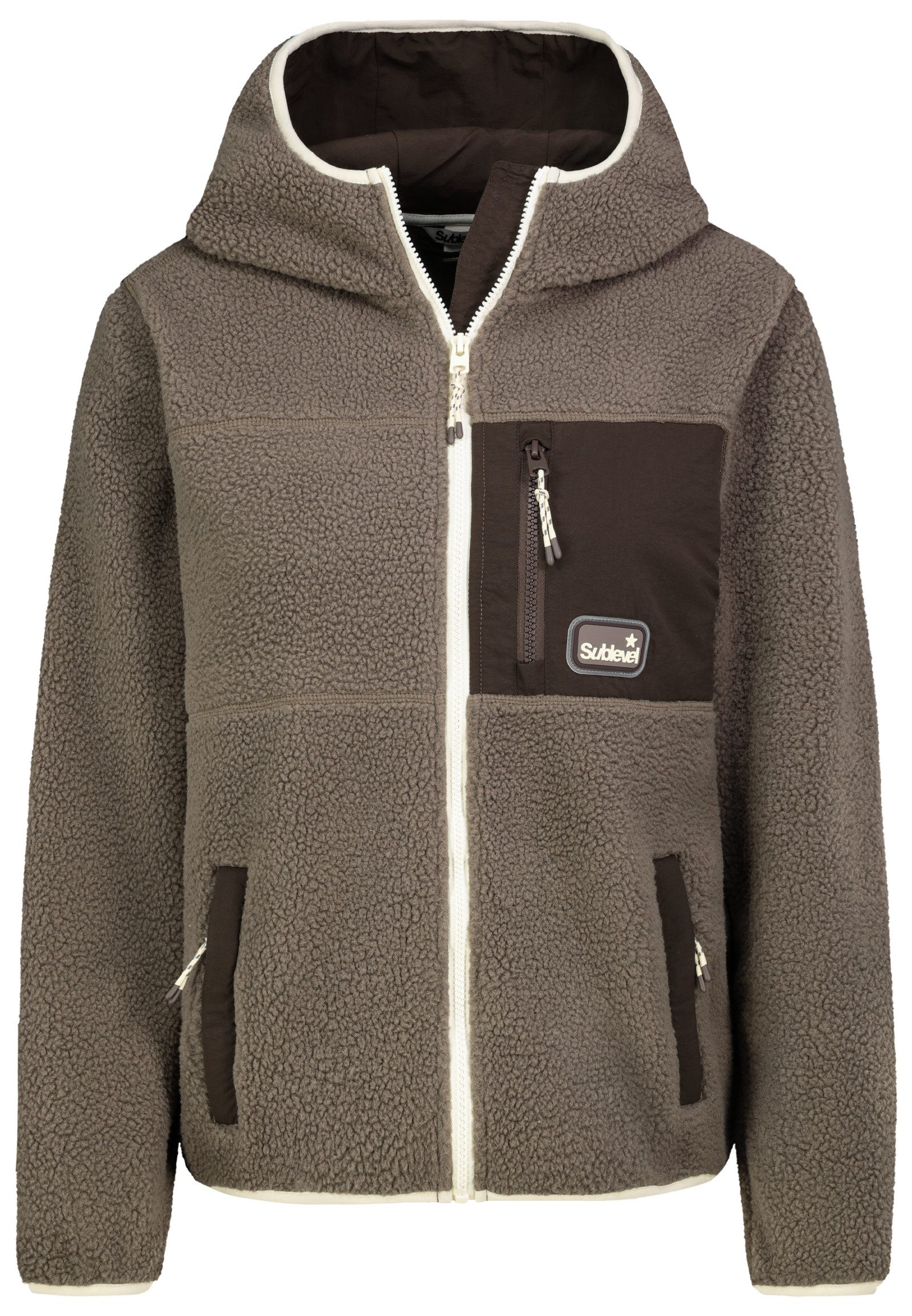 SUBLEVEL Fleecejacke Damen Teddyfleecejacke mit Kapuze Kontrast-Piping, Brusttasche, Reißverschlusstaschen