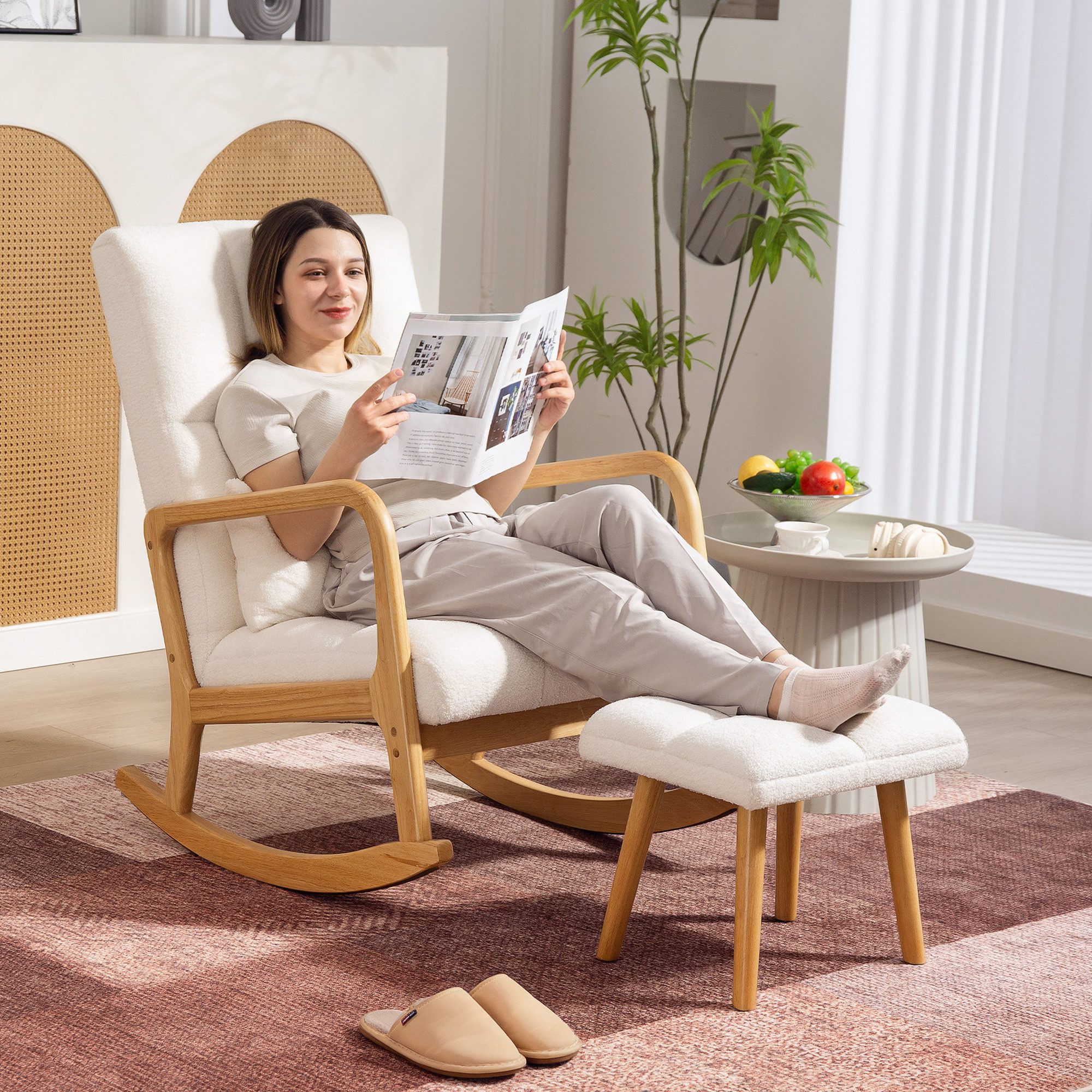 HOMCOM Schaukelsessel Schwingsessel Relaxsessel mit Fleece-Bezug, Breit Sitz (Schaukelstuhl mit Hocker, 2-St., gepolstert Schwingsessel), für Wohnzimmer, Schlafzimmer Weiß