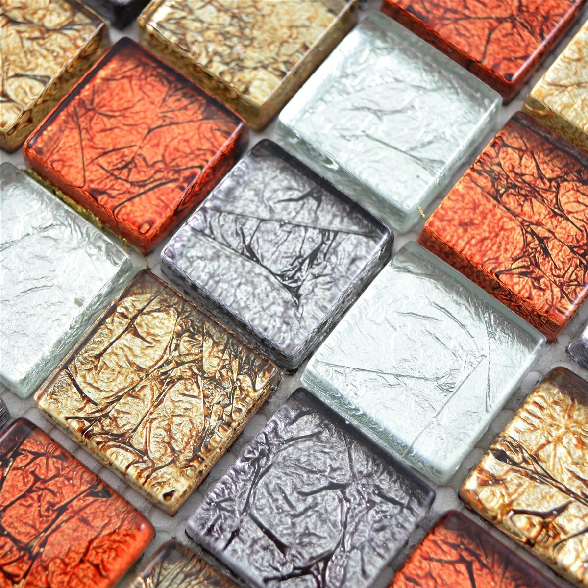Mosafil Mosaikfliesen Glasmosaik Fliesen Curlew Q23, Glas 30.000x30.000, rot-braun-silber, Verlegefertig auf ein Netz geklebt - Wasserfest
