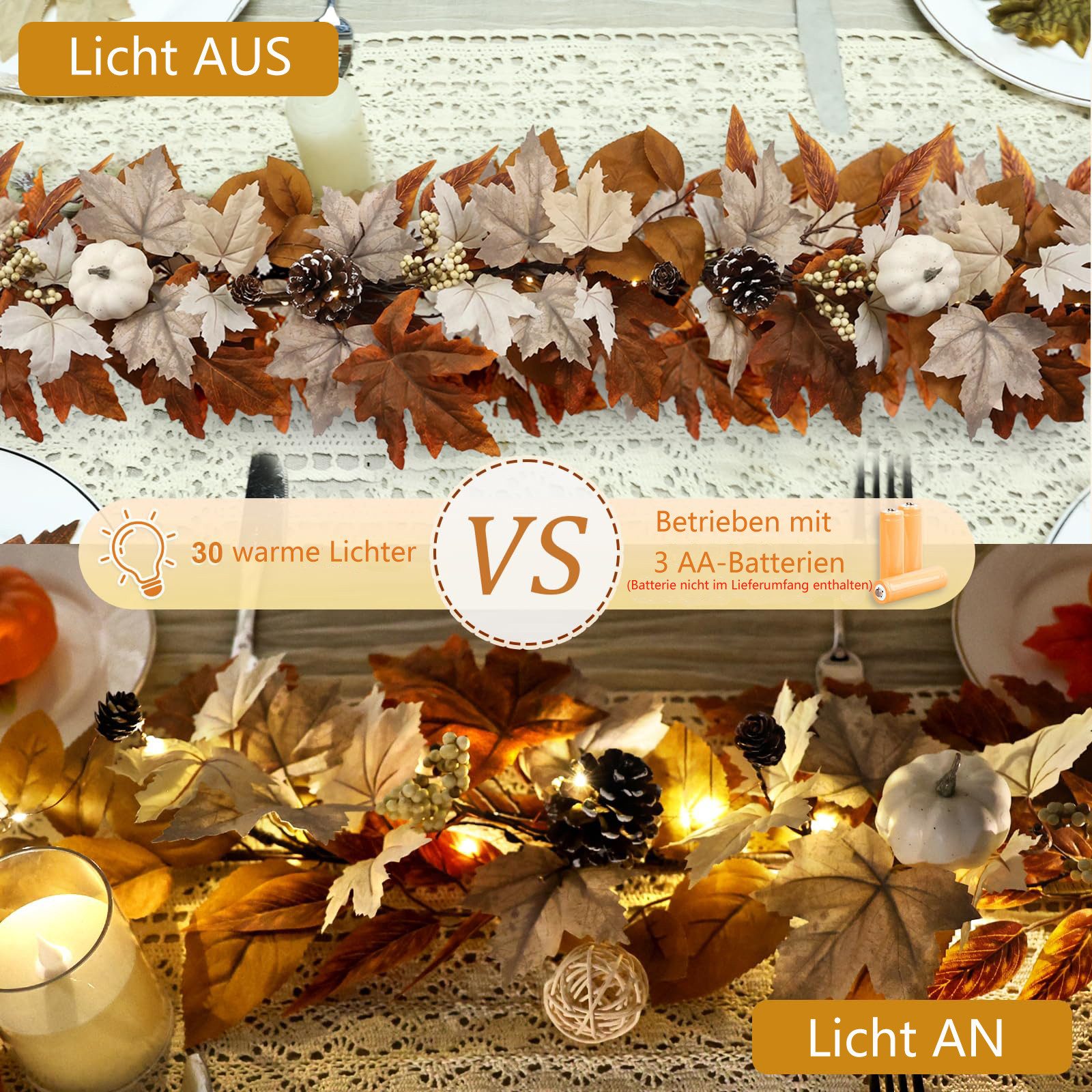 Kunstgirlande Künstlich Herbstgirlande mit Lichtern, Ahornblätter Herbstdeko, Sorvyzxn, mit Kürbissen, Beeren und Kiefernzapfen, Für Innen & Außen – Bild 4 von 5