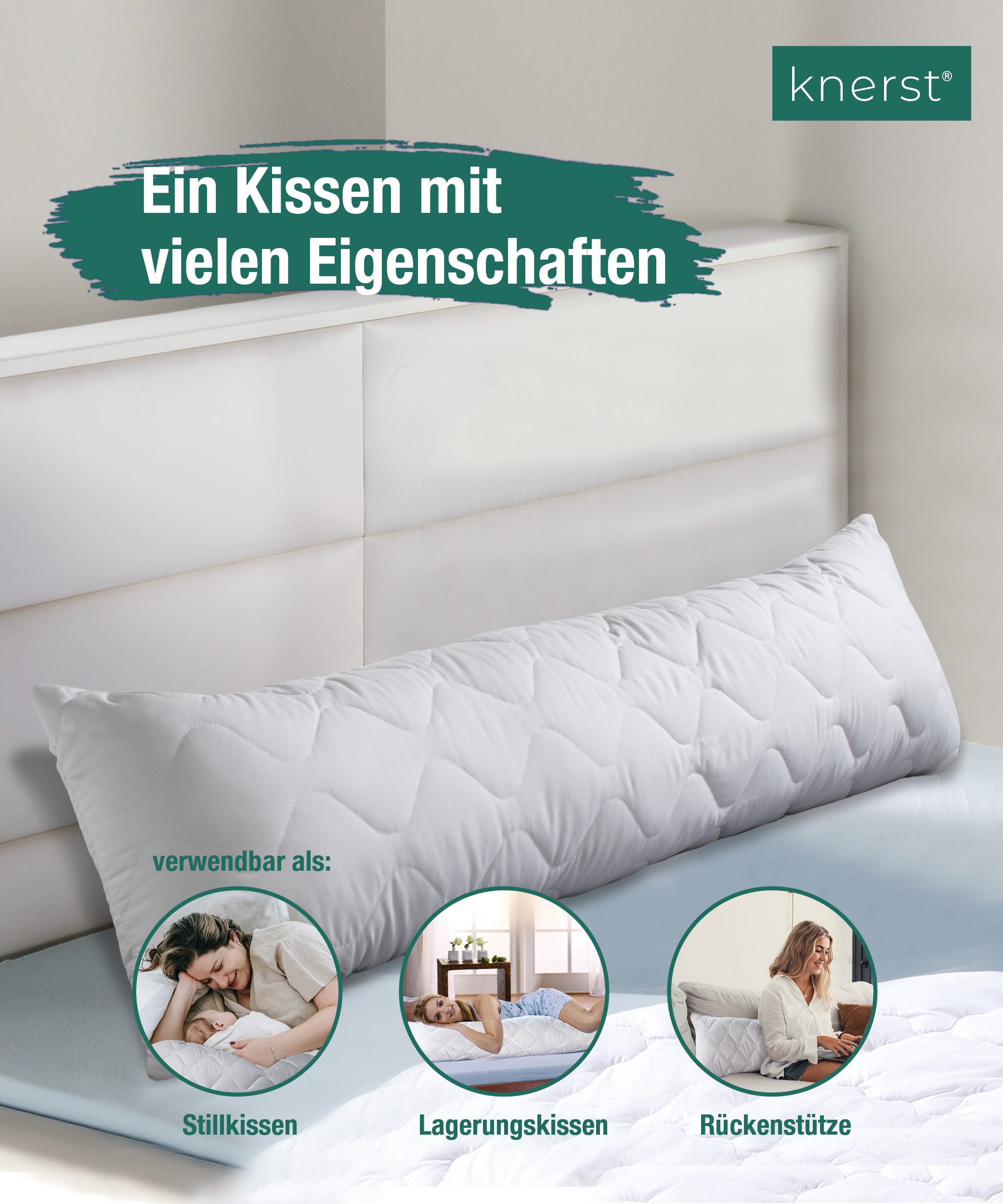 KNERST Seitenschläferkissen 40x145 cm, extra lang, Schwangerschaftskissen, 1-tlg., Pflegeleicht, formstabil & hygienisch - waschbar in der Waschmaschine