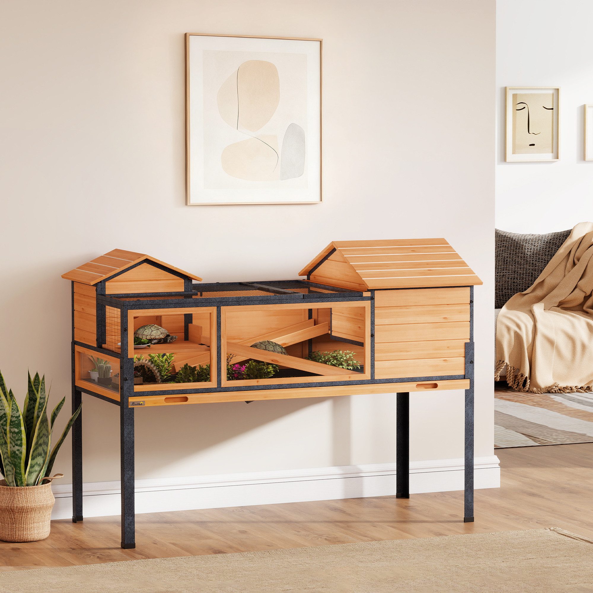 PawHut Kleintierstall mit 2 Räume, 2 Stockwerke, Fenster, Rampen, für Schil günstig online kaufen