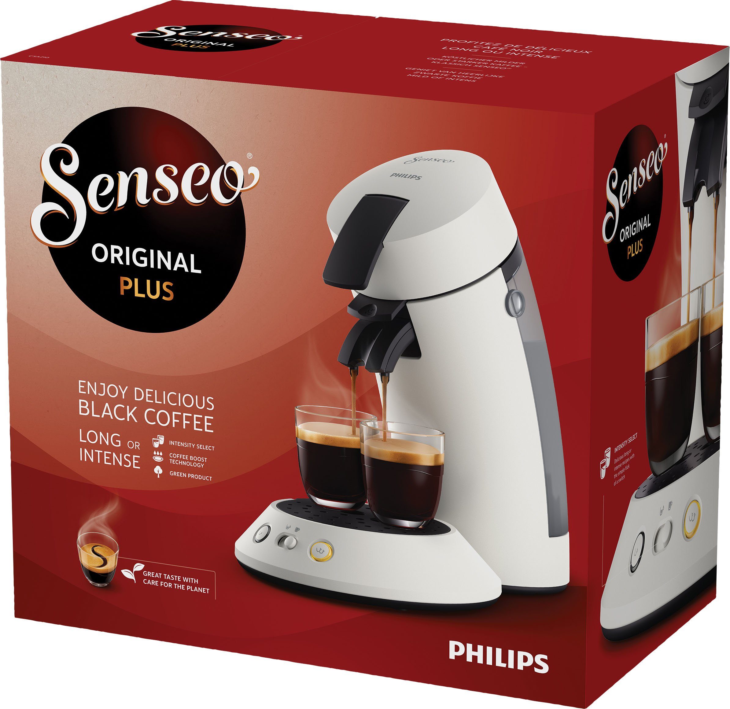 Philips Senseo Kaffeepadmaschine Original Gratis-Zugaben Kaffeespezialitäten, aus 80% Plus recyceltem Plastik, Memo-Funktion, +3 €5,-UVP) CSA210/10, (Wert
