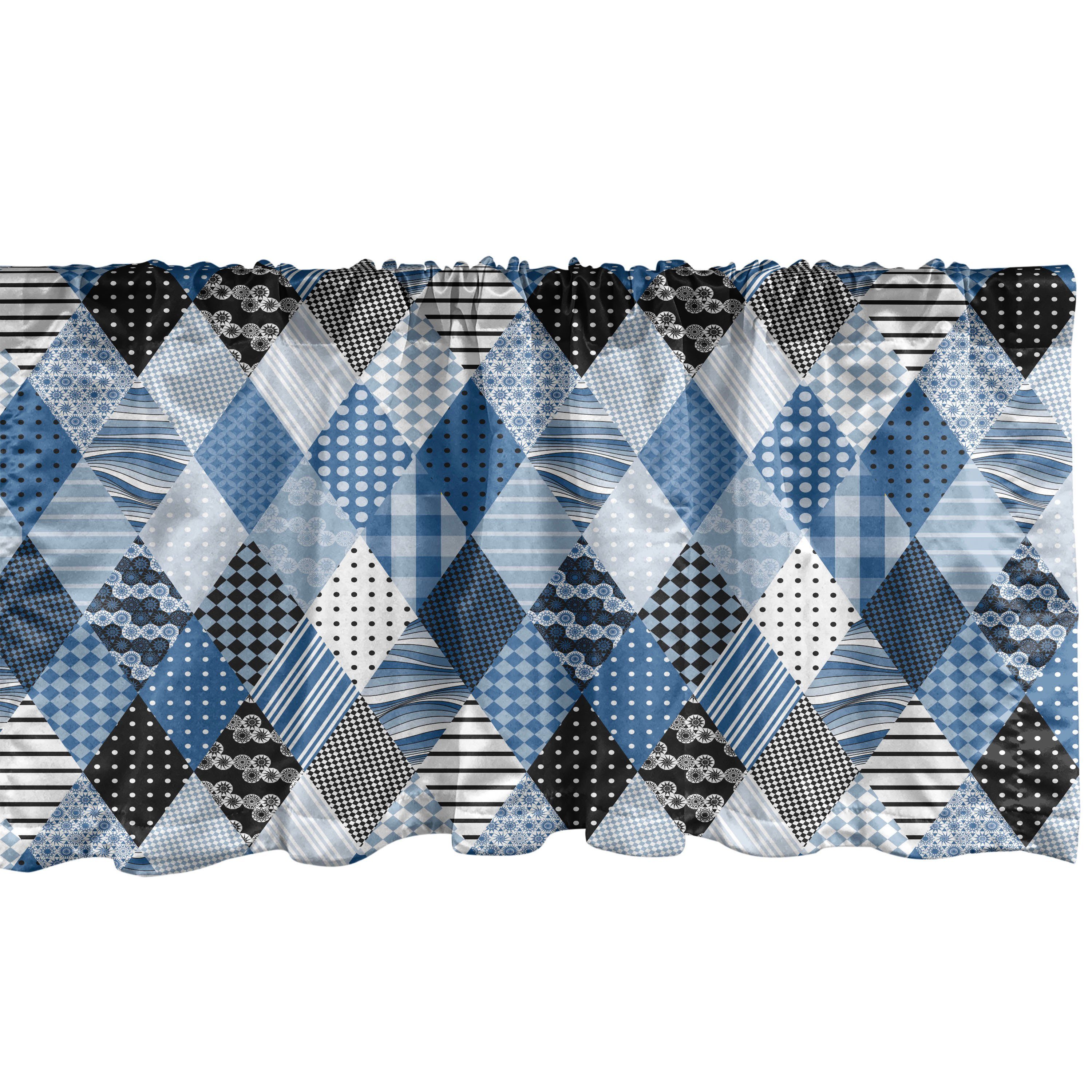 Scheibengardine Vorhang Volant für Küche Schlafzimmer Dekor mit Stangentasche, Abakuhaus, Microfaser, Blau Diamantförmig Patchworks