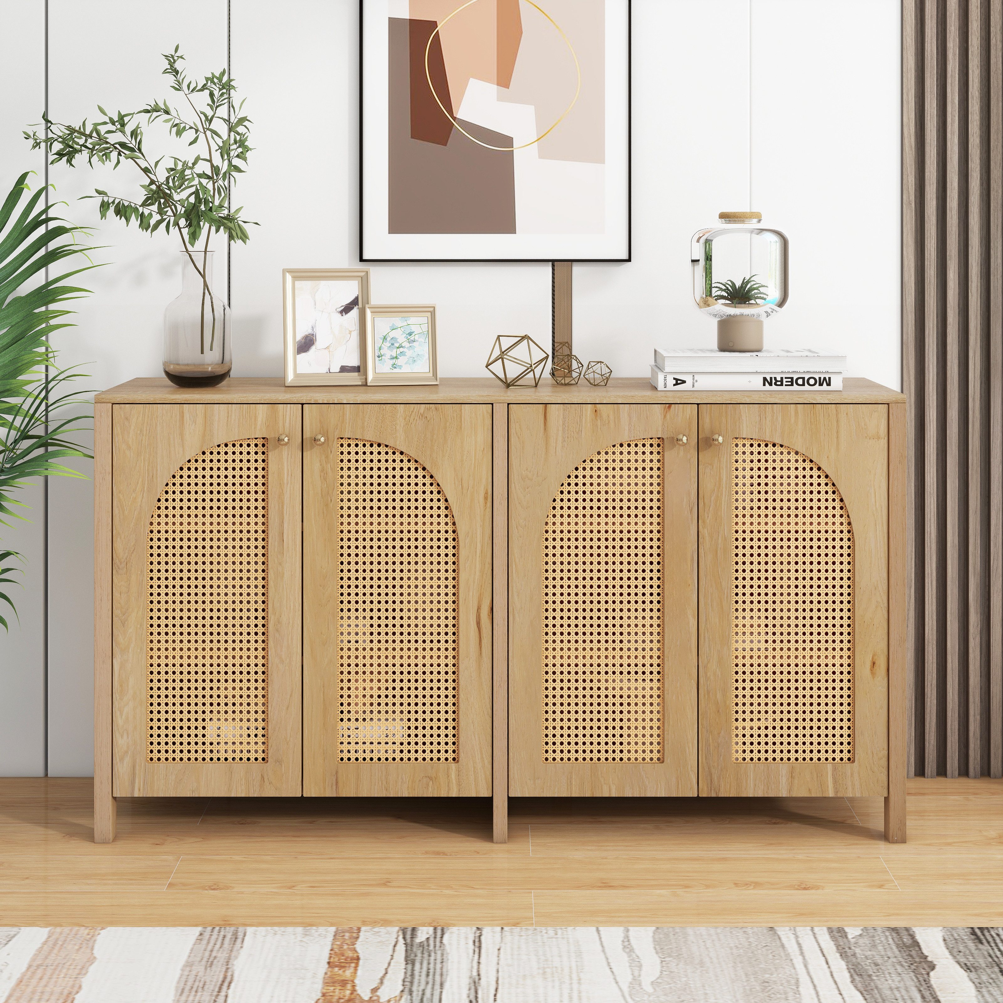 Celya Sideboard Modernes Sideboard im minimalistischen Stil 4-Rattantür (für Esszimmer, Wohnzimmer, Küche), Metallgriff einfaches Buffetschrank