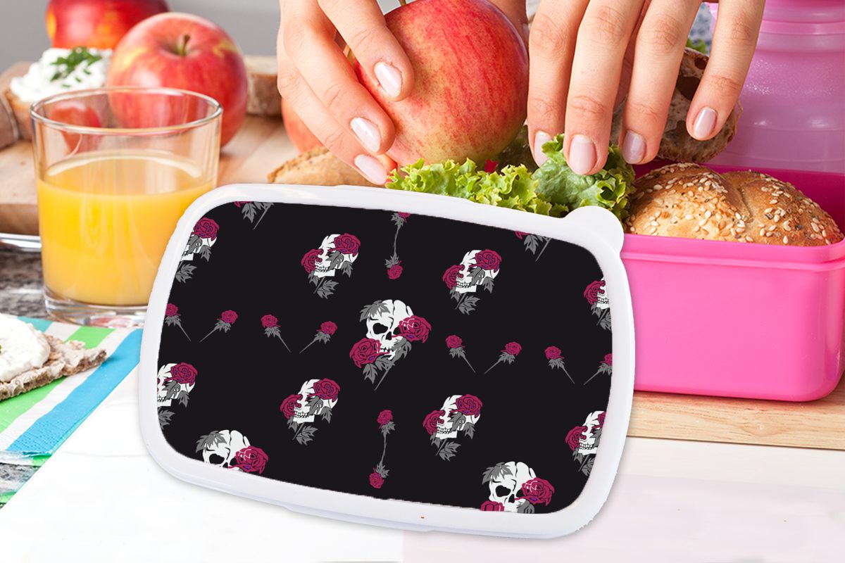 - Totenkopf Kunststoff, Kinder Erwachsene, (2-tlg), - Muster Lunchbox -, Snackbox, Brotdose Mädchen - rosa Kinder Mädchen Kinder, - Mädchen, - Kunststoff MuchoWow - für Brotbox Rosen