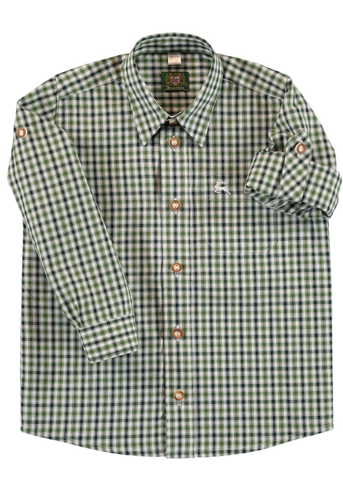 auf Jungen der Trachtenhemd OS-Trachten Brusttasche Hirsch-Stickerei Langarm Hemd dunkelgrün mit Skimli